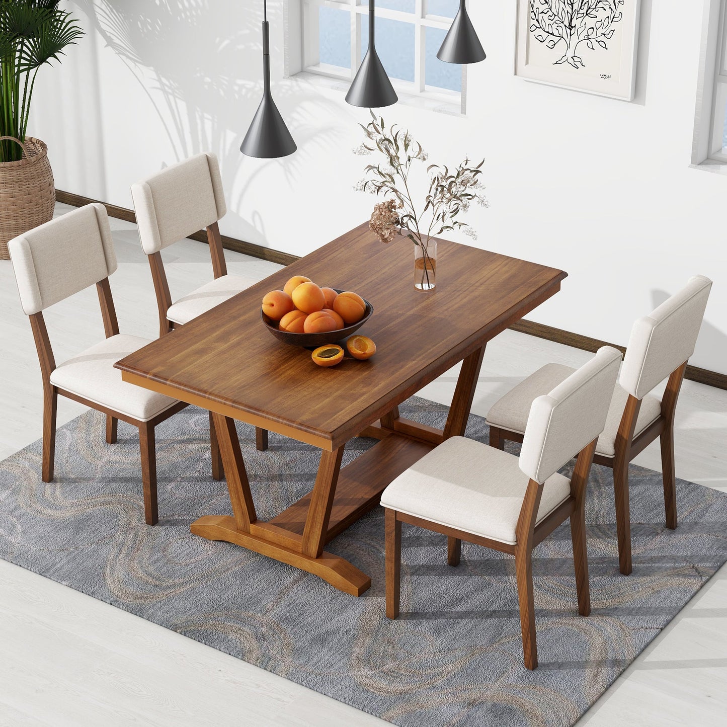 Rustic Trestle 5-piece Dining Table Set with 4 Upholstered Chairs, 59" Rectangular Dining Table