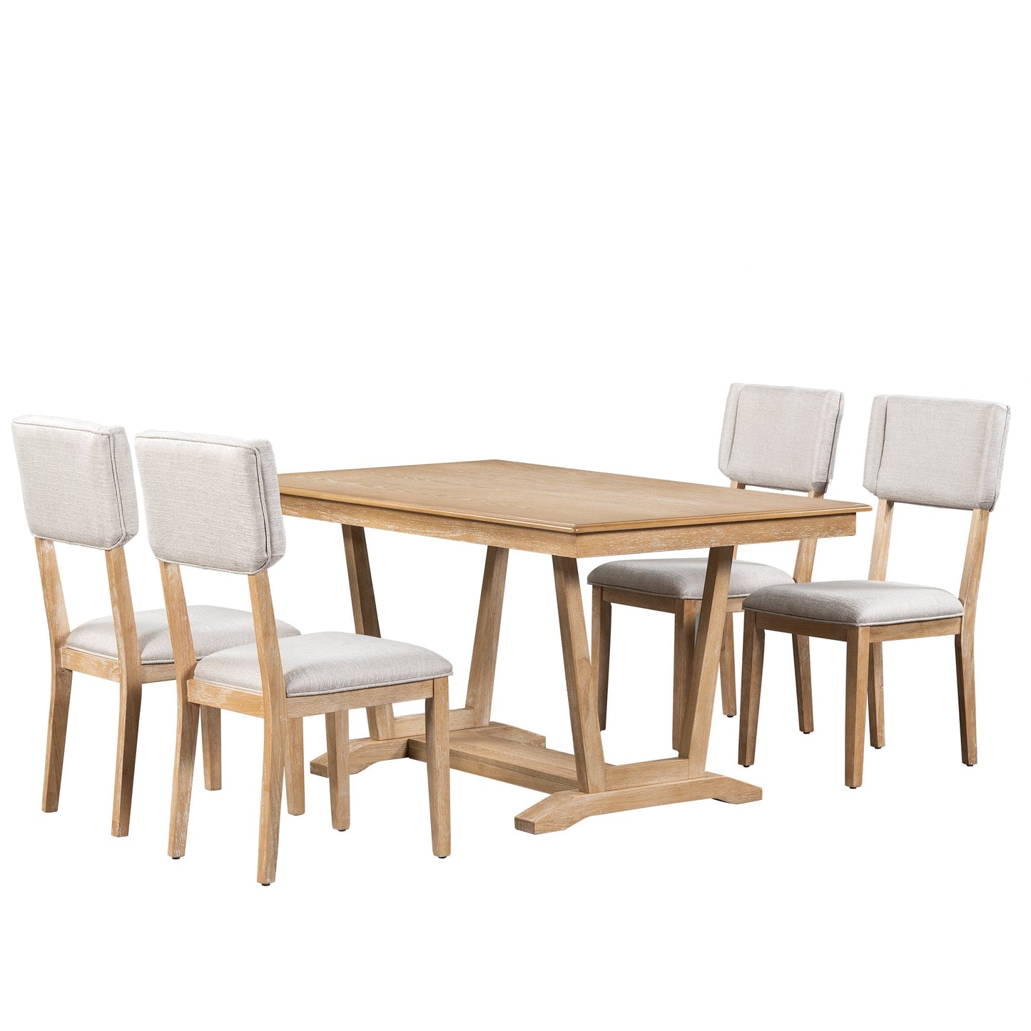 Rustic Trestle 5-piece Dining Table Set with 4 Upholstered Chairs, 59" Rectangular Dining Table