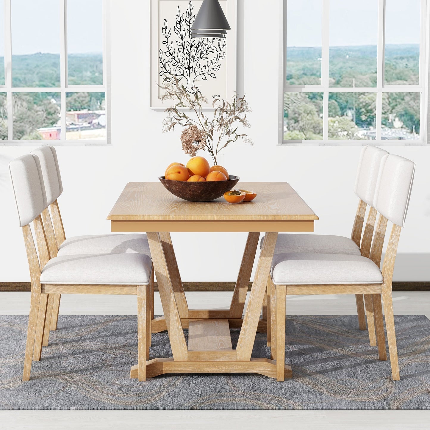 Rustic Trestle 5-piece Dining Table Set with 4 Upholstered Chairs, 59" Rectangular Dining Table