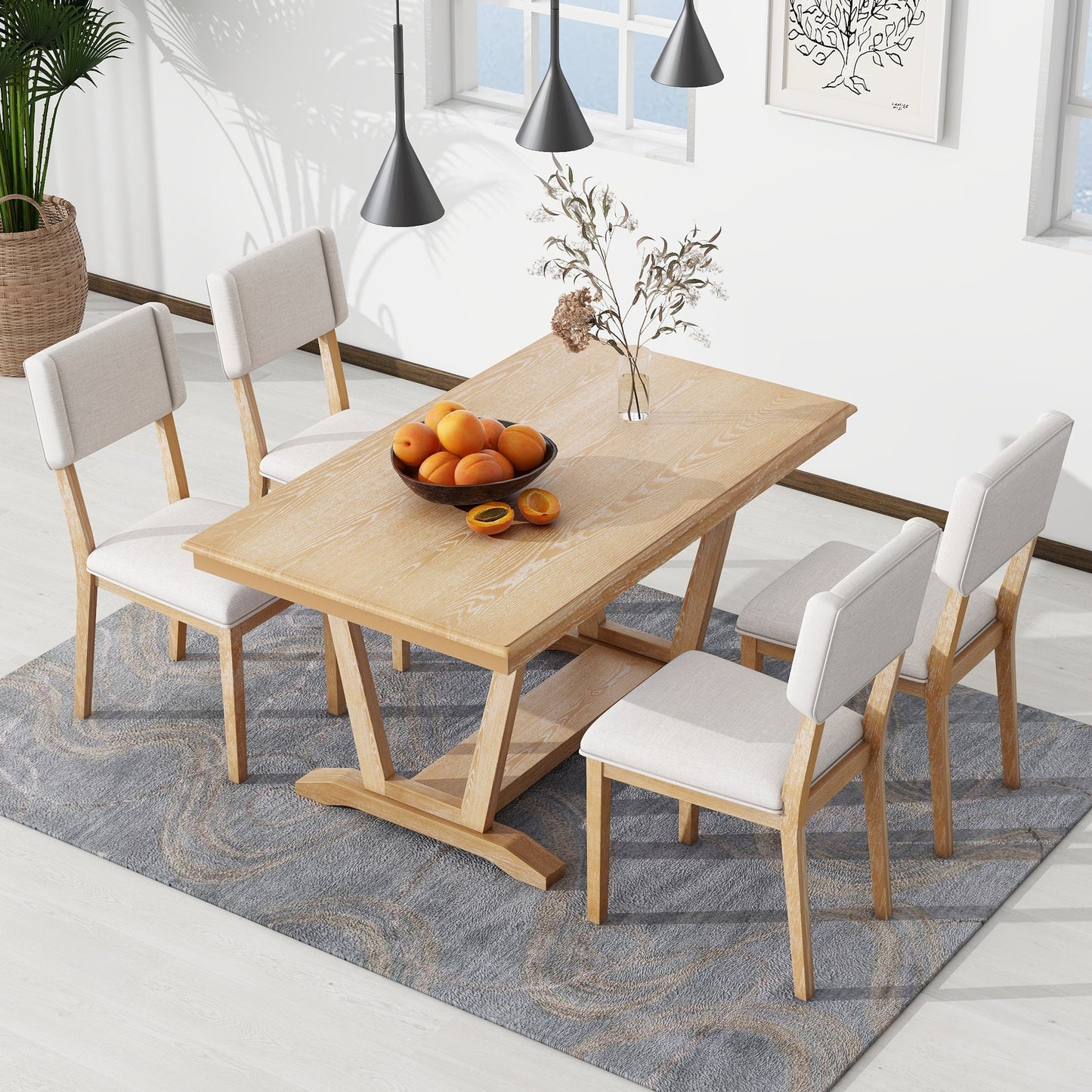 Rustic Trestle 5-piece Dining Table Set with 4 Upholstered Chairs, 59" Rectangular Dining Table
