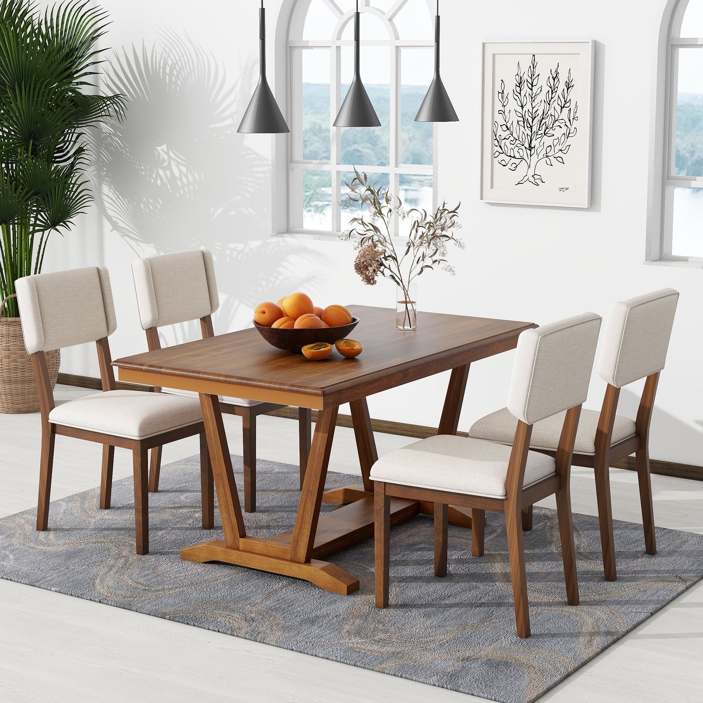 Rustic Trestle 5-piece Dining Table Set with 4 Upholstered Chairs, 59" Rectangular Dining Table