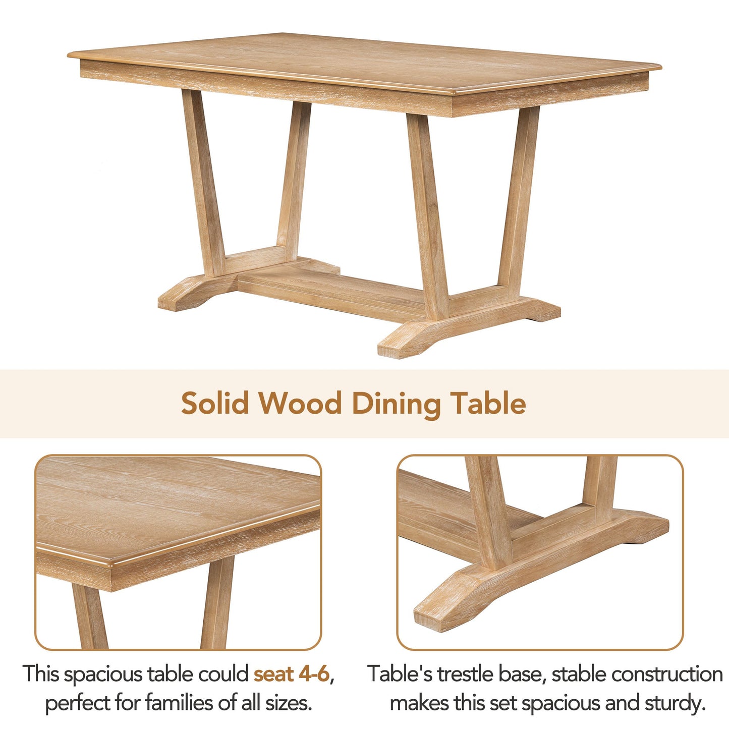 Rustic Trestle 5-piece Dining Table Set with 4 Upholstered Chairs, 59" Rectangular Dining Table
