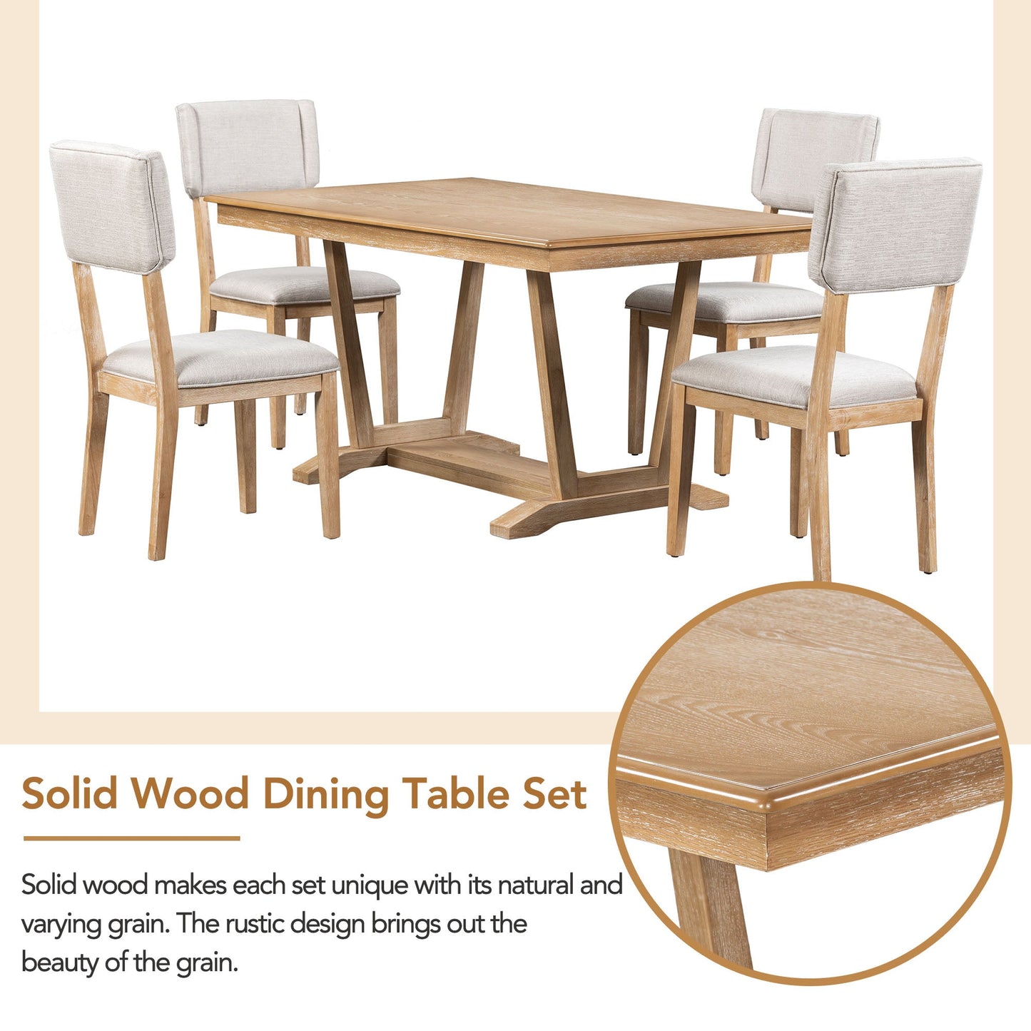 Rustic Trestle 5-piece Dining Table Set with 4 Upholstered Chairs, 59" Rectangular Dining Table