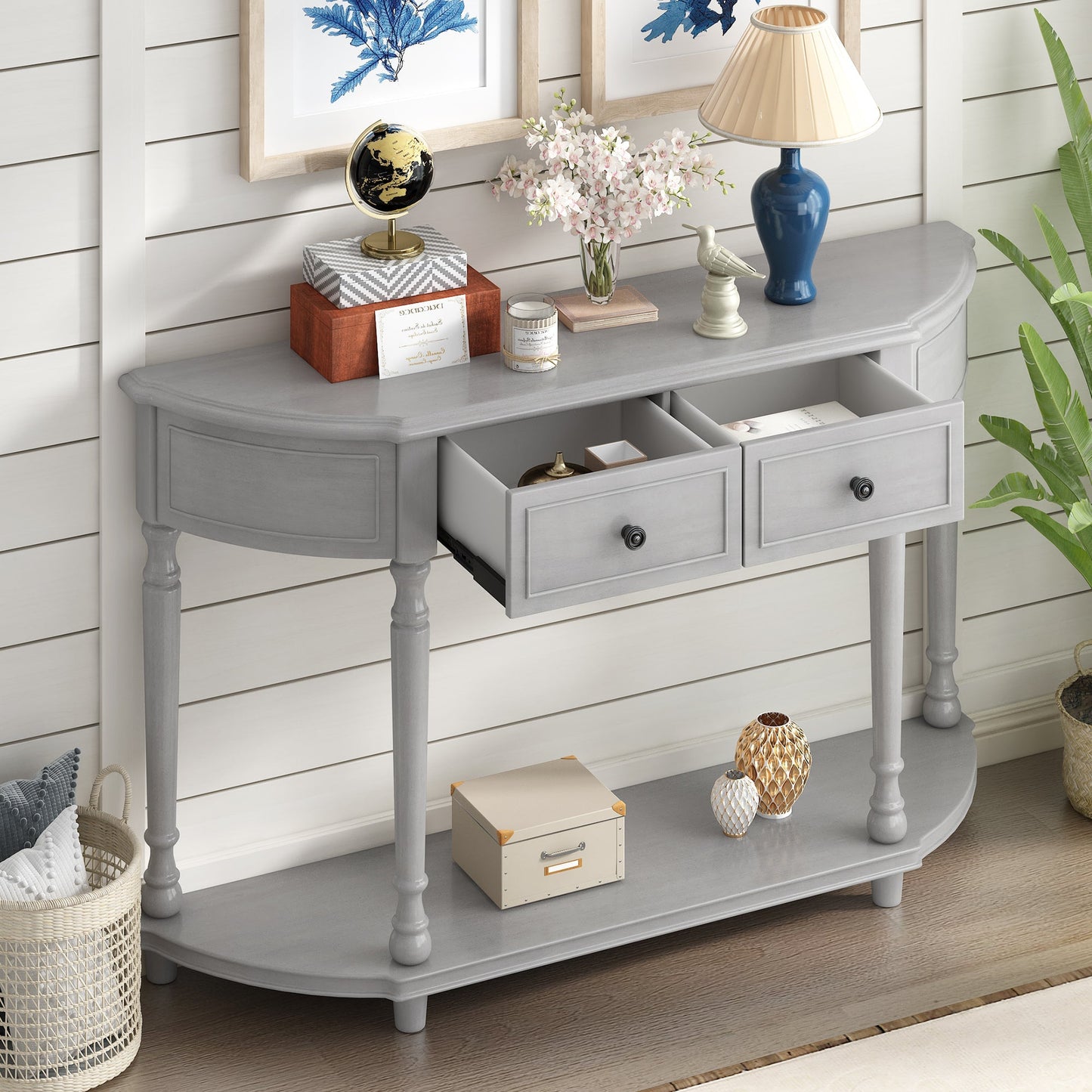 Sanctuary Console Table with Open Style Shelf, Solid Wooden Frame and 2 Top Drawers