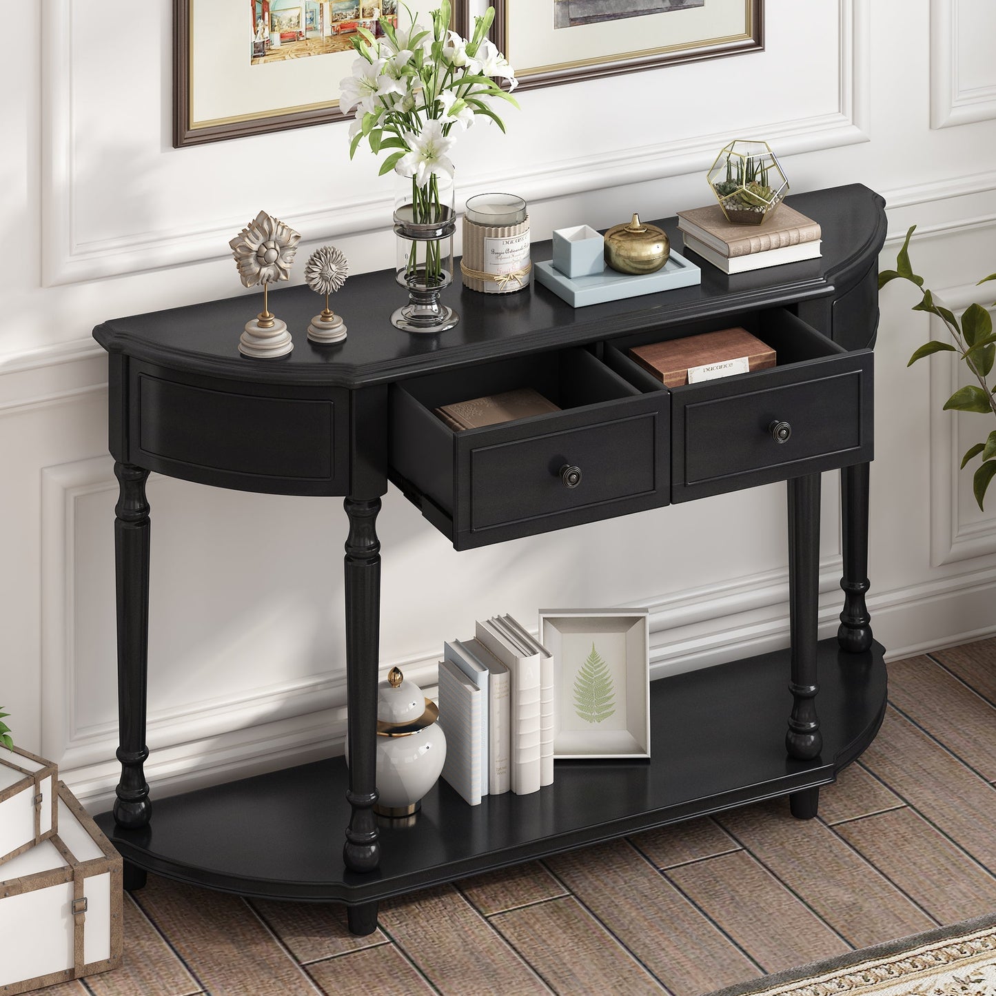 Sanctuary Console Table with Open Style Shelf, Solid Wooden Frame and 2 Top Drawers