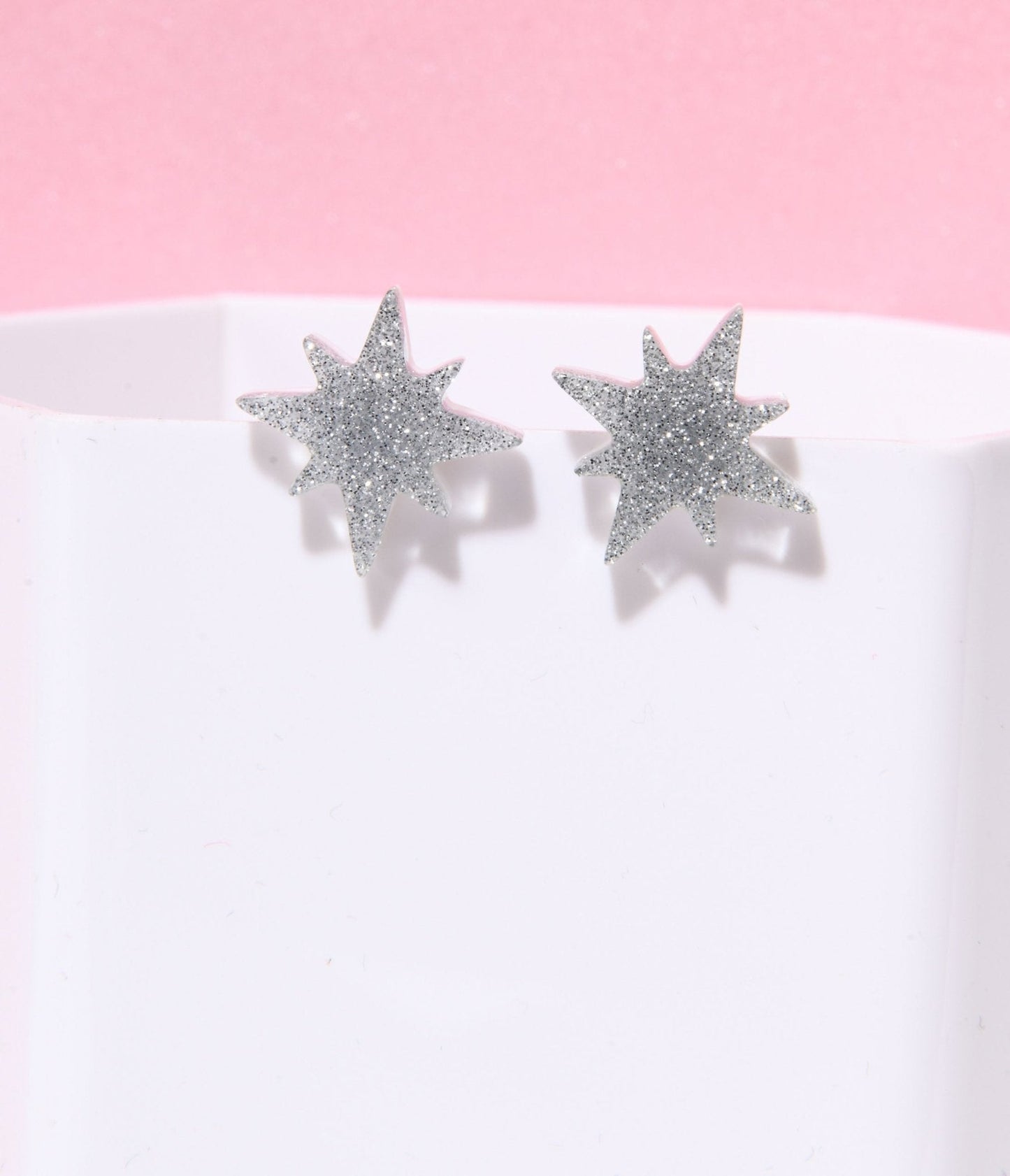 Silver Glitter Atomic Star Stud Earrings