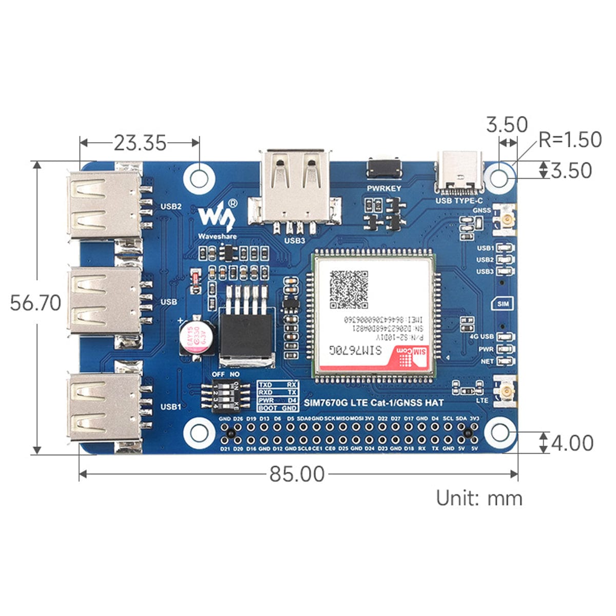 SIM7670G LTE Cat-1/GNSS HAT for Raspberry Pi