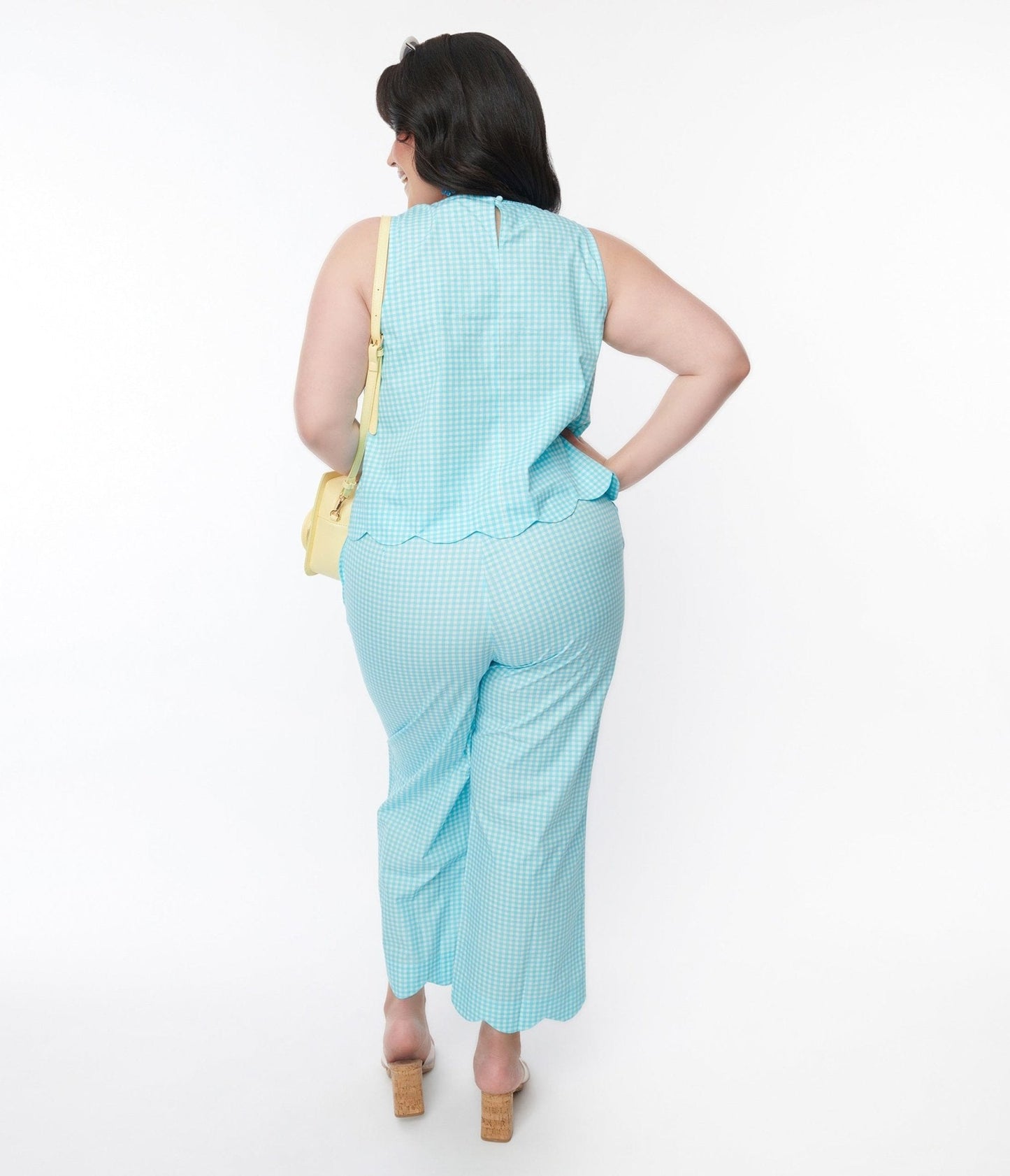 Sky Blue Gingham Scalloped Top & Pants Set