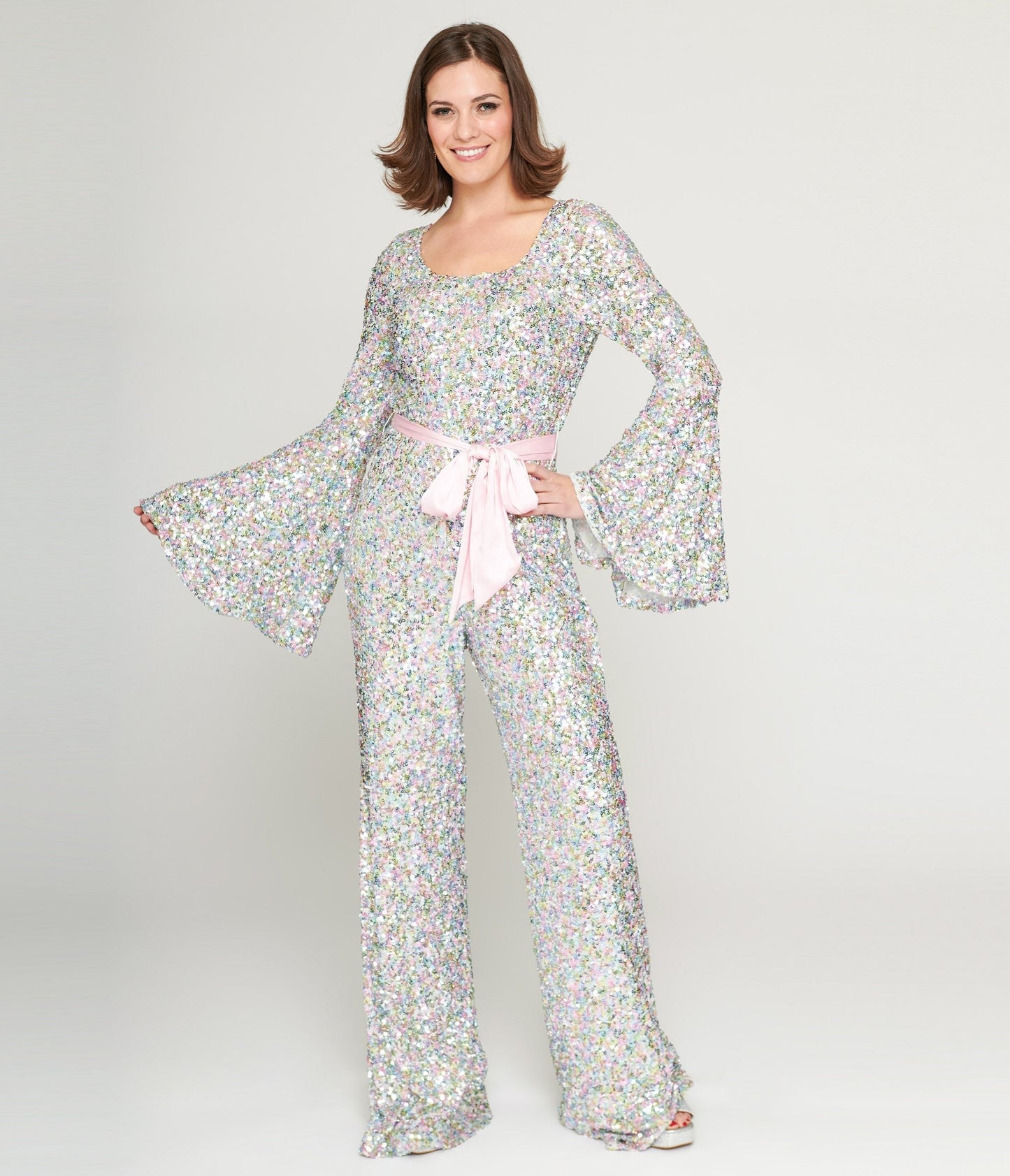 Smak Parlour 1960s Pastel Rainbow Sequin Bell Sleeve Jumpsuit