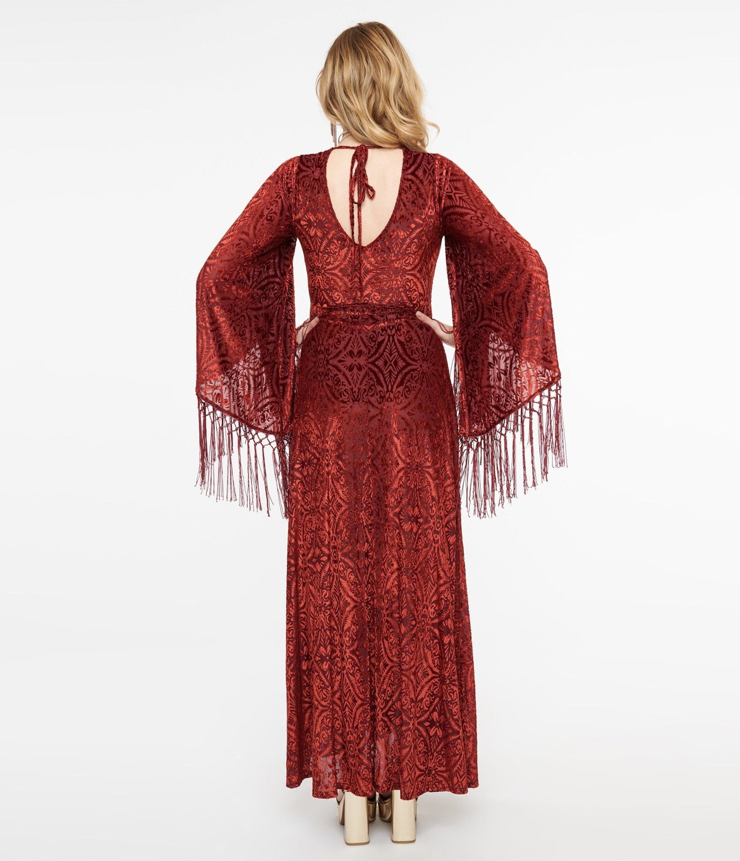Smak Parlour 1970s Burgundy Velvet Burnout Fringe Sleeve Maxi Dress