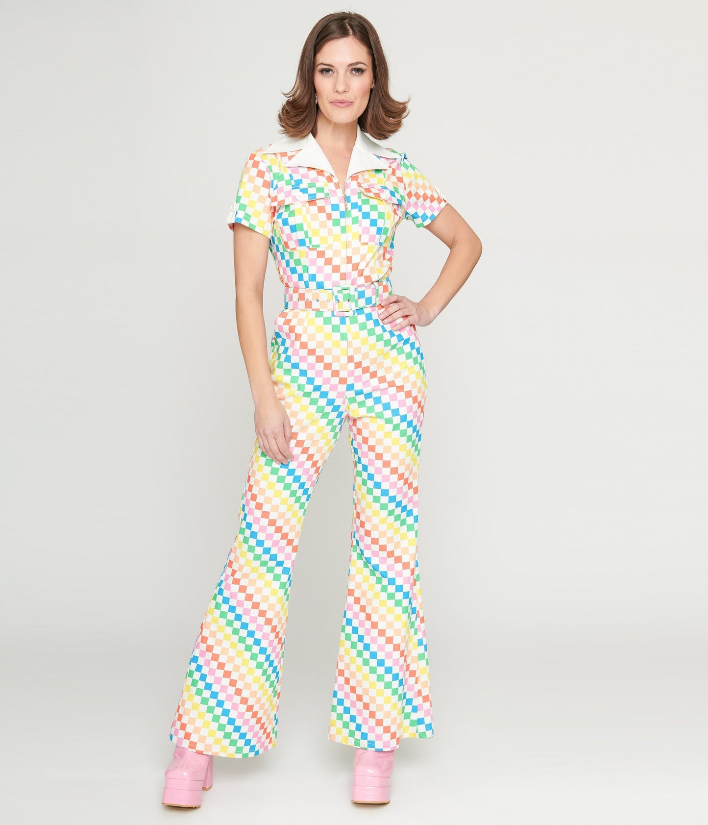 Smak Parlour 1970s Rainbow Check Flare Jumpsuit