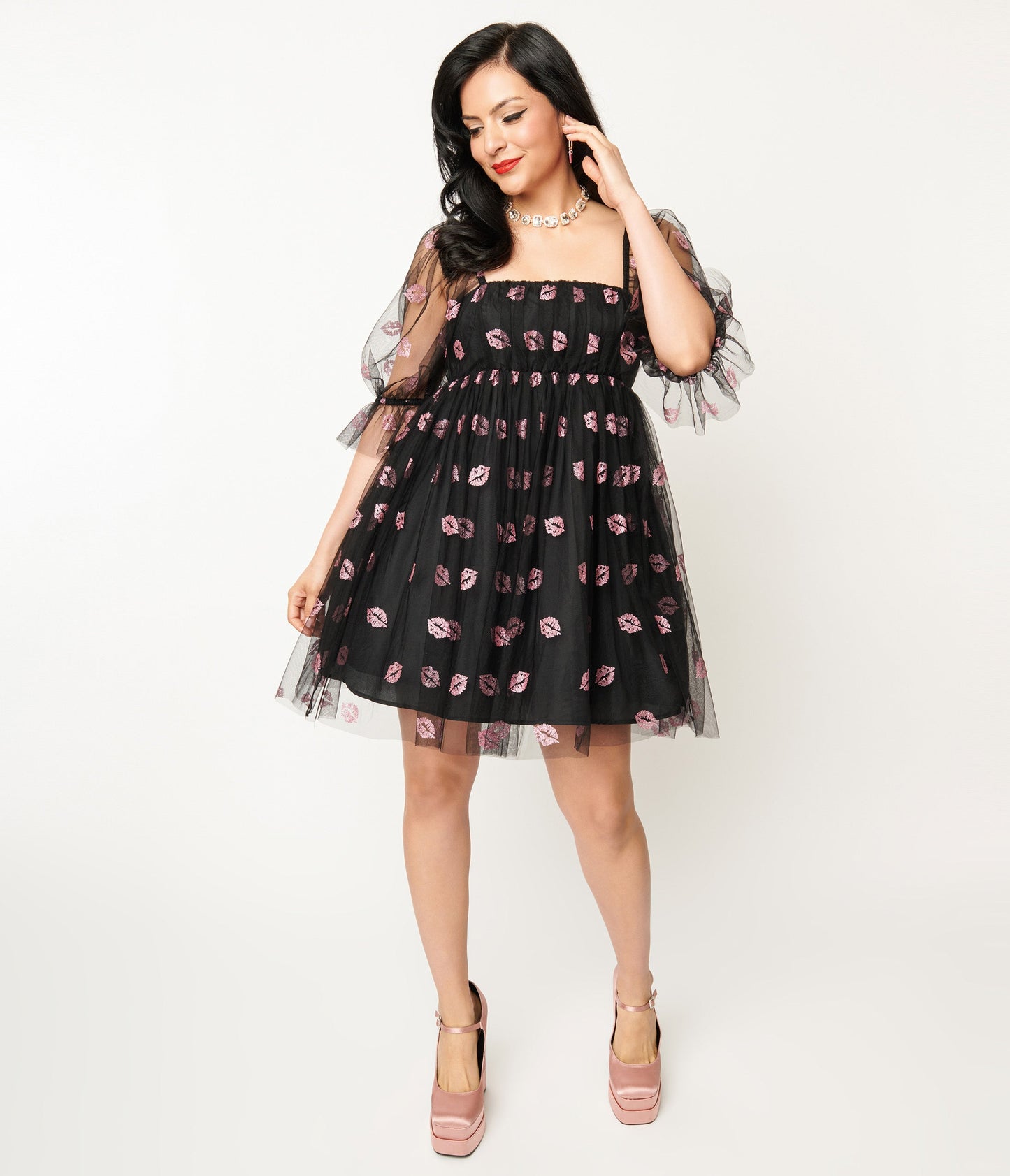 Smak Parlour Black & Pink Glitter Lips Love Interest Babydoll Dress