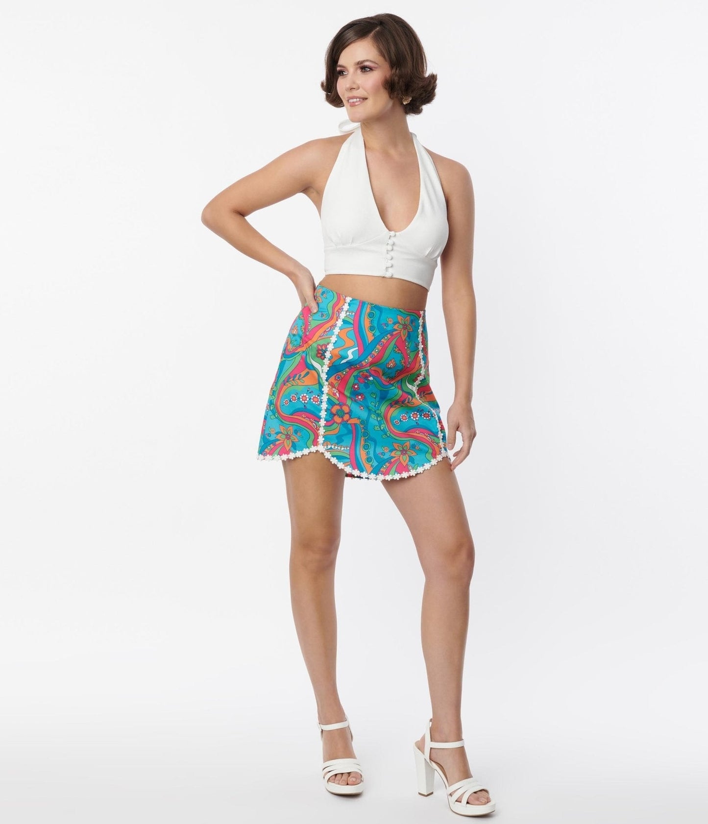 Smak Parlour Blue Daisy River Psychedelic Scallop Hem Mini Skirt