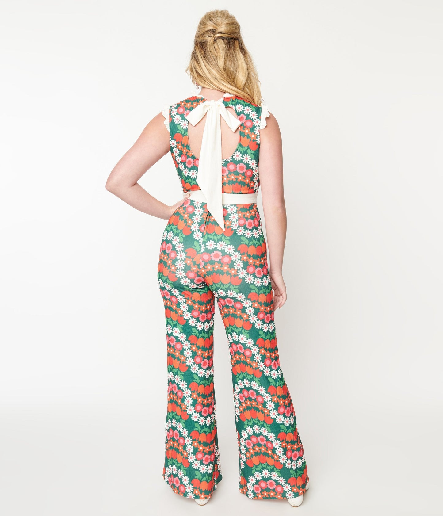 Smak Parlour Green & Red Daisy Chain Back Bow Jumpsuit