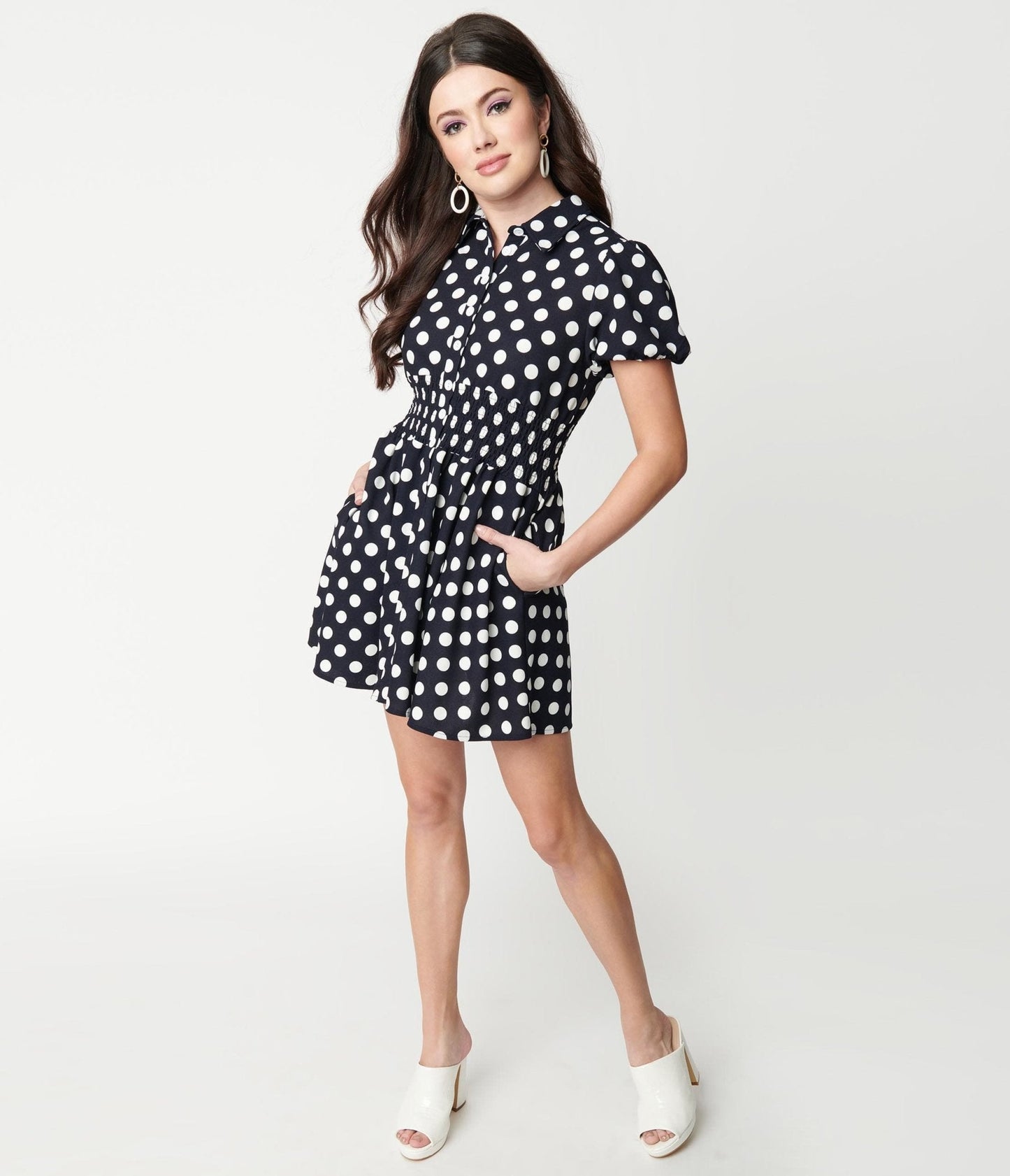 Smak Parlour Navy & White Dot Smocked Babydoll Blouse