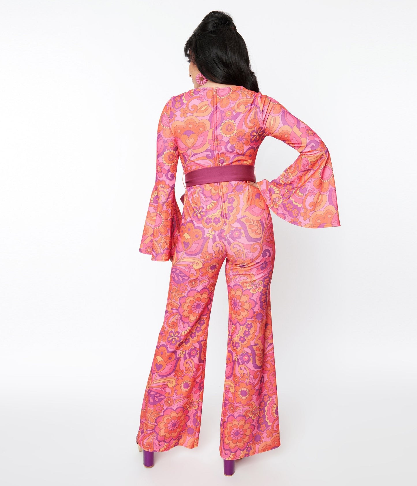 Smak Parlour Pink Mod Floral Bell Sleeve Jumpsuit