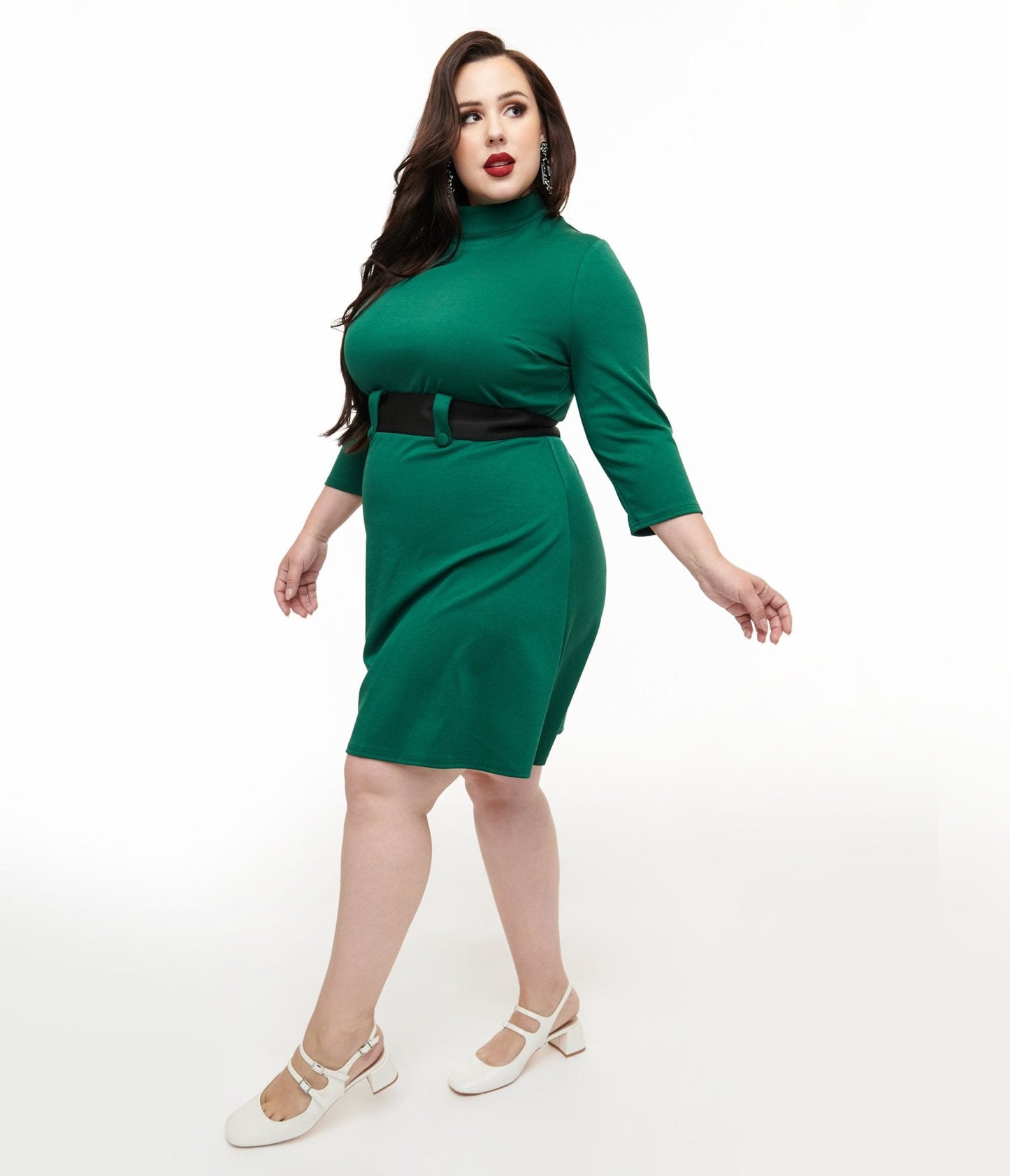 Smak Parlour Plus Size 1960s Emerald & Black Belted A-Line Dress