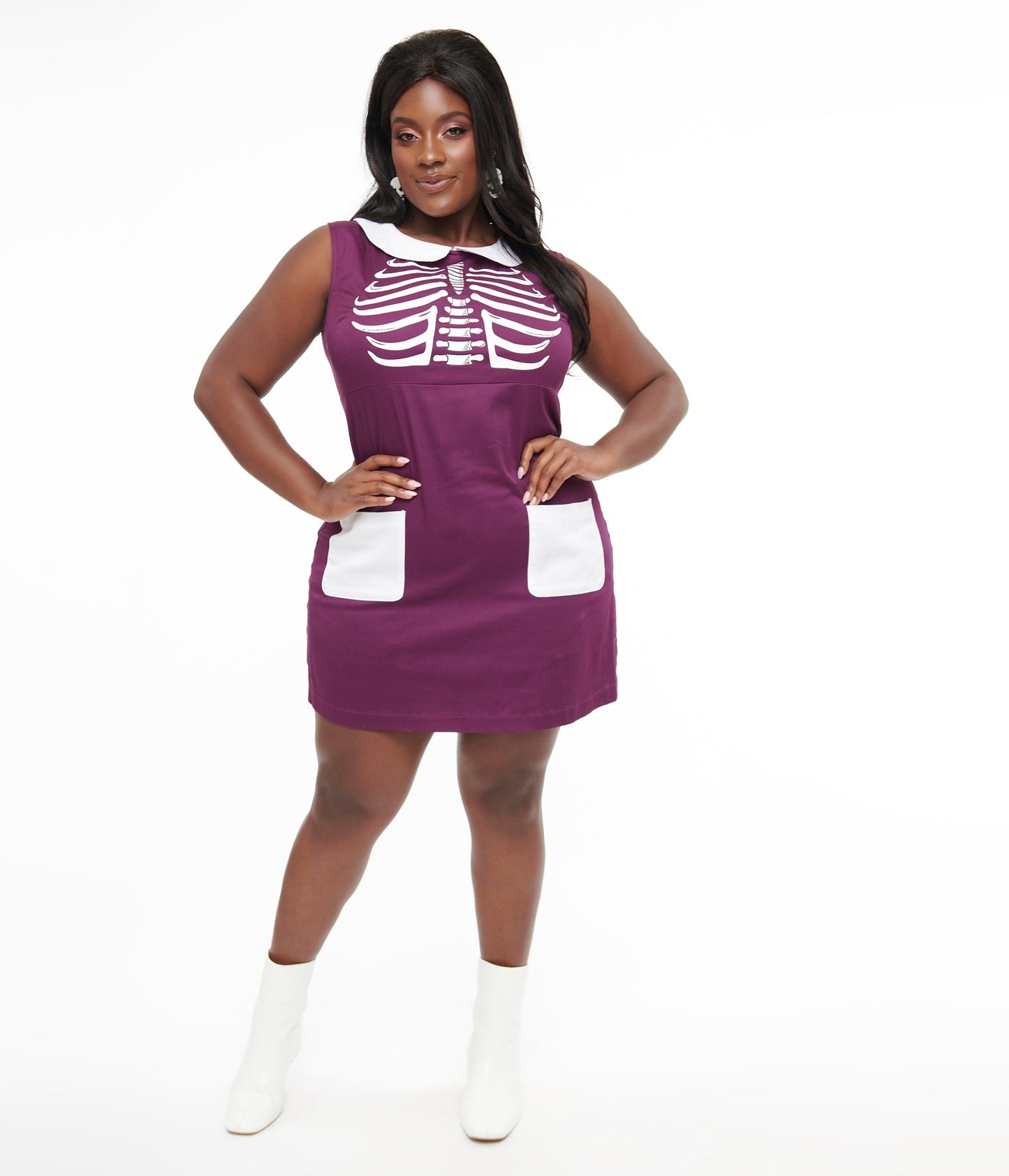 Smak Parlour Plus Size 1960s Purple & White Skeleton Power Mini Dress