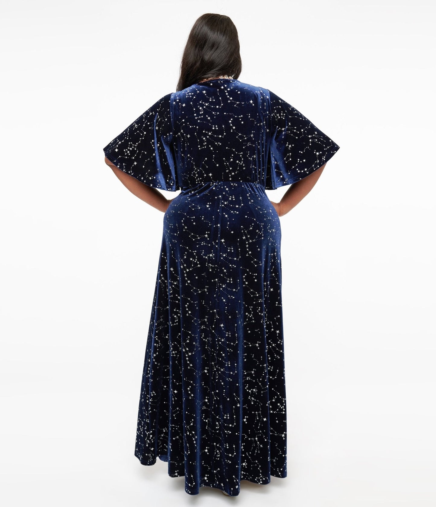 Smak Parlour Plus Size 1970s Blue Velvet Silver Stars Cutout Maxi Dress