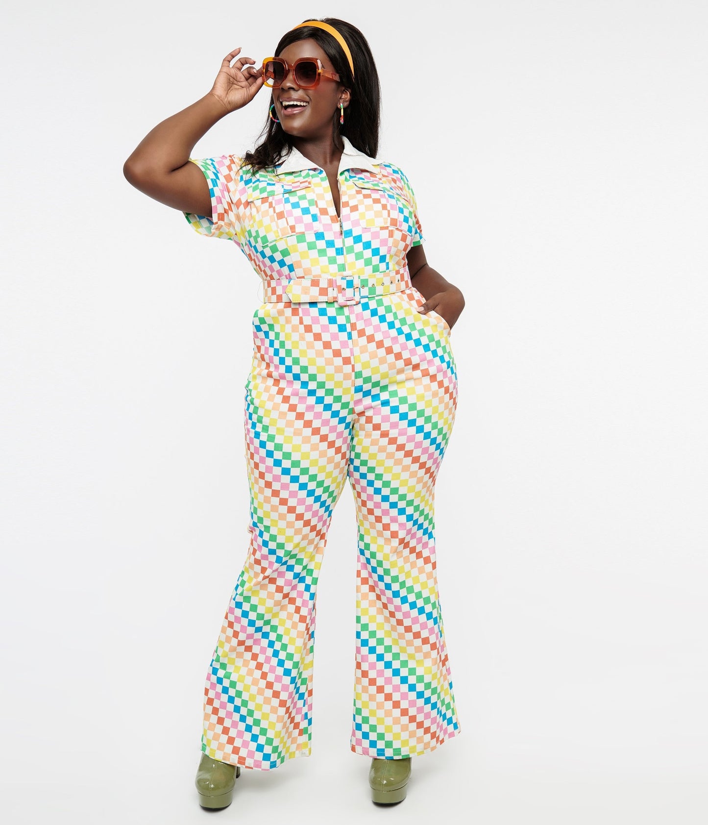Smak Parlour Plus Size 1970s Rainbow Check Flare Jumpsuit