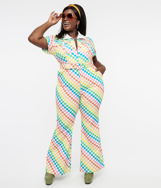 Smak Parlour Plus Size 1970s Rainbow Check Flare Jumpsuit