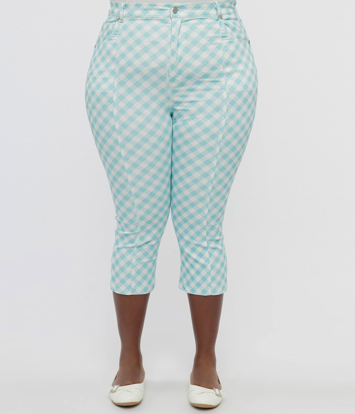 Smak Parlour Plus Size Light Blue & White Gingham Capri Pants