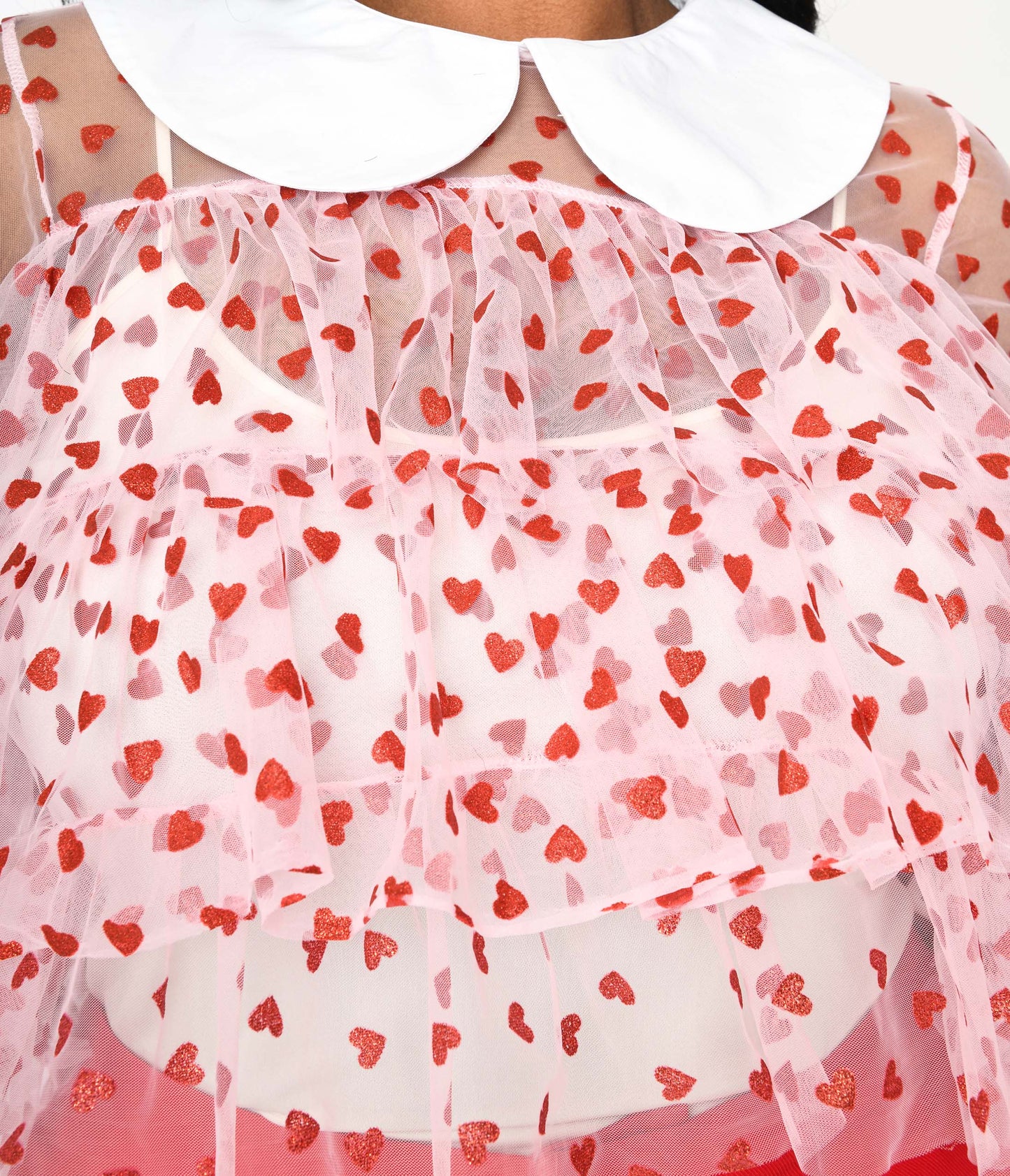 Smak Parlour Plus Size Pink & Red Glitter Hearts Mesh Ruffle Top