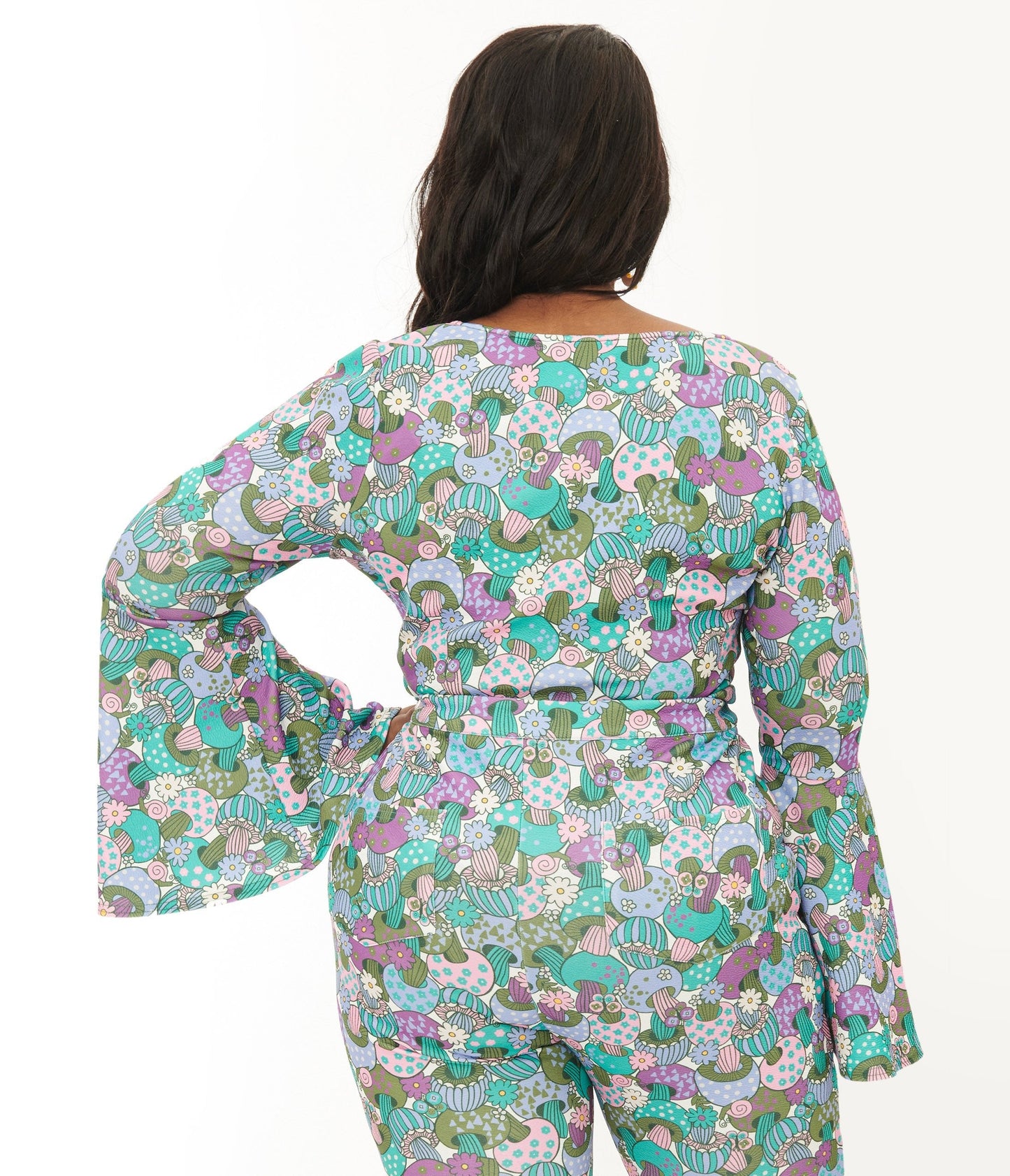 Smak Parlour Plus Size Teal Groovy Mushrooms Trumpet Sleeve Top