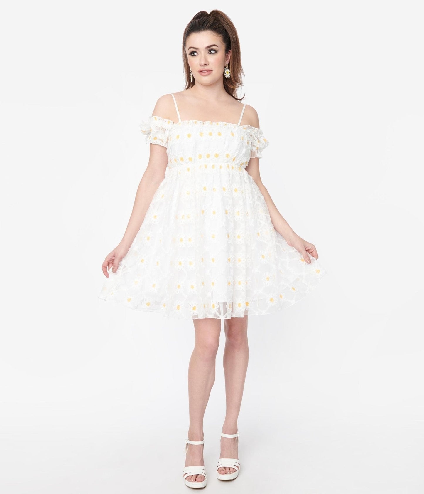Smak Parlour White Daisy Off the Shoulder Babydoll Dress
