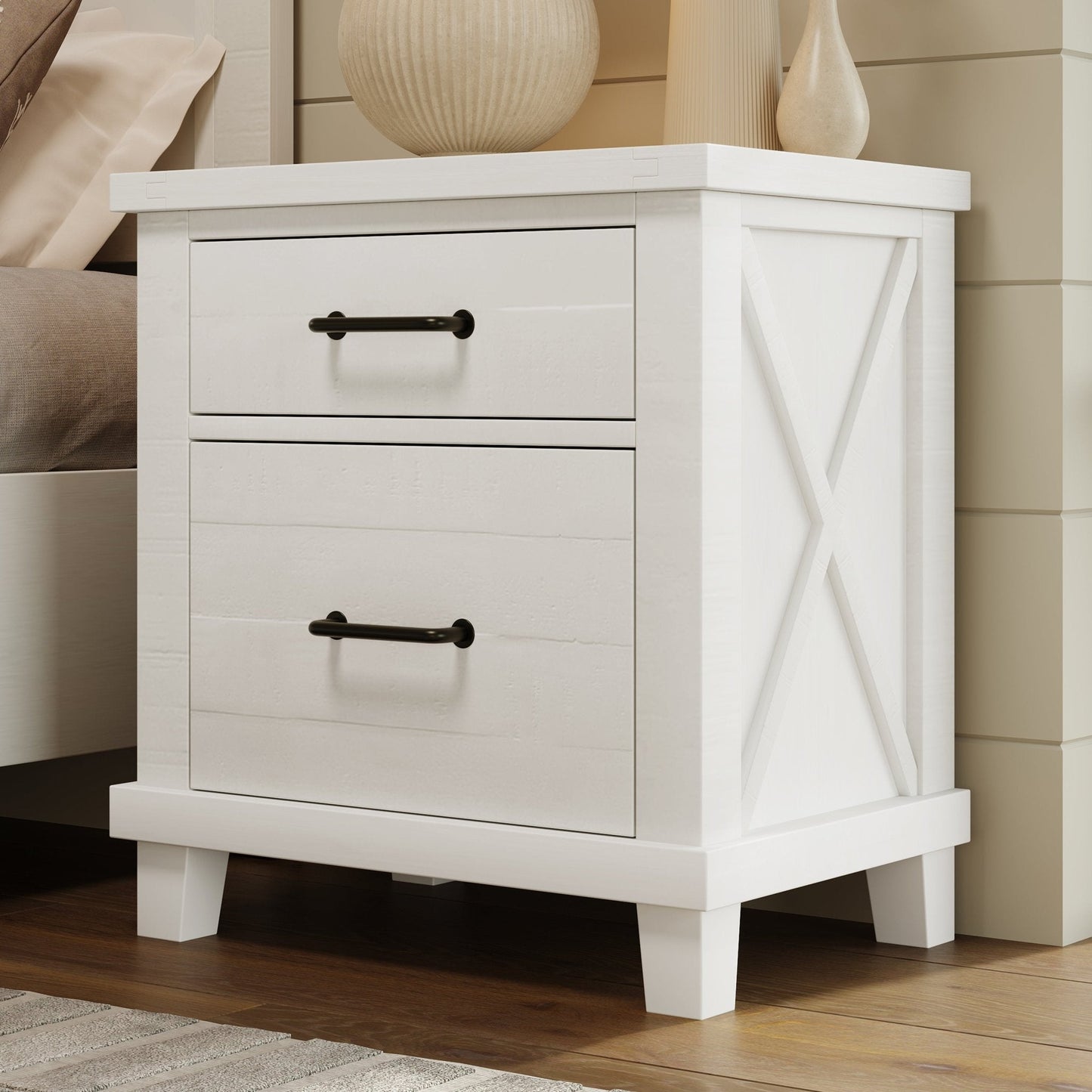 Solid Pine Wood Two-Drawer Nightstand