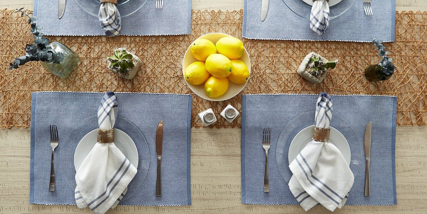Stonewash Blue/White 2-Tone Ribbed Placemats, Set Of 6