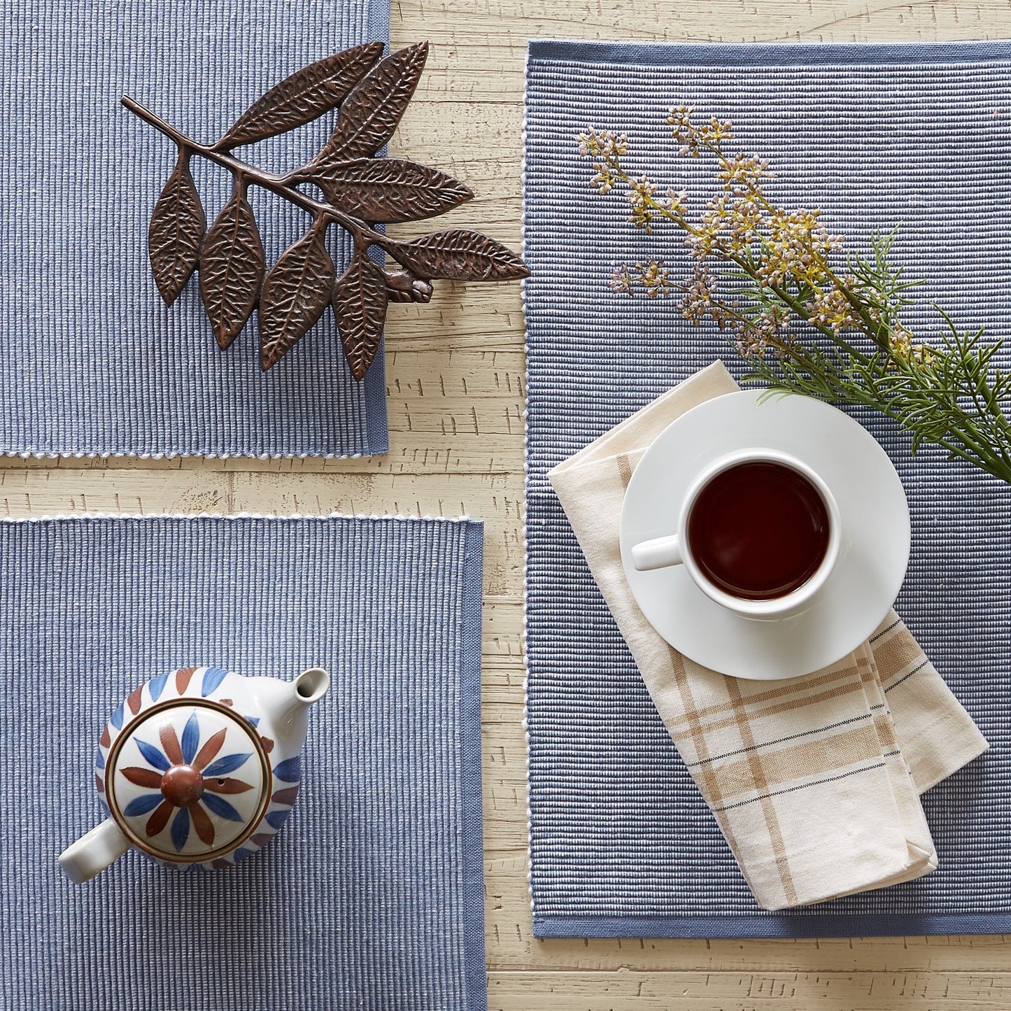 Stonewash Blue/White 2-Tone Ribbed Placemats, Set Of 6