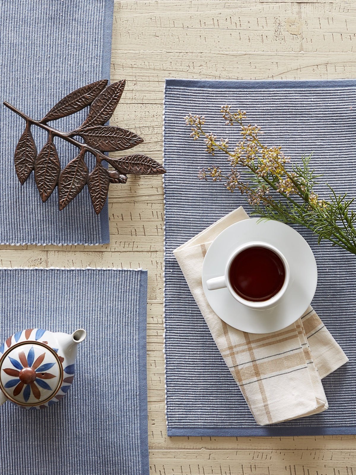 Stonewash Blue/White 2-Tone Ribbed Placemats, Set Of 6