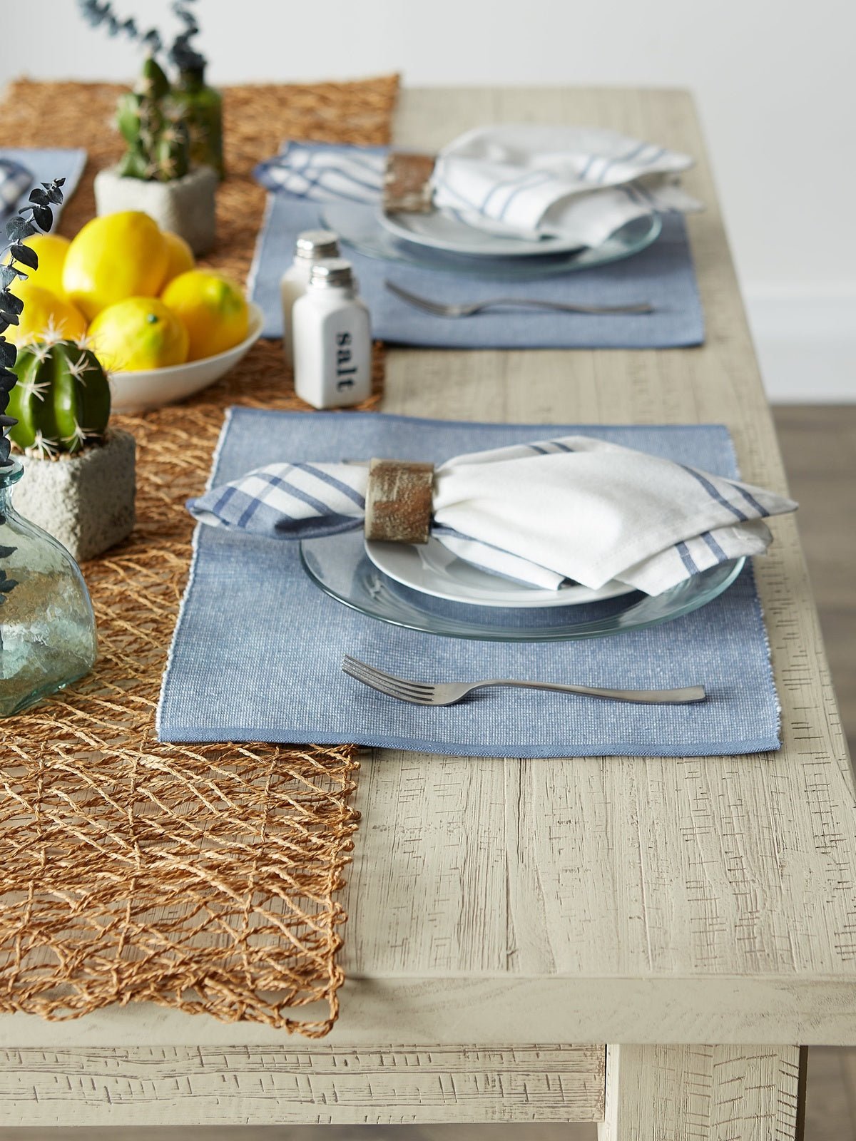 Stonewash Blue/White 2-Tone Ribbed Placemats, Set Of 6