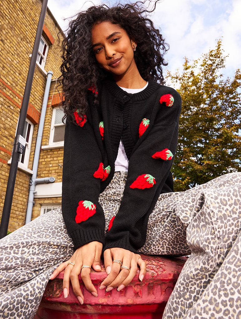 Strawberry Applique Black Knitted Cardigan