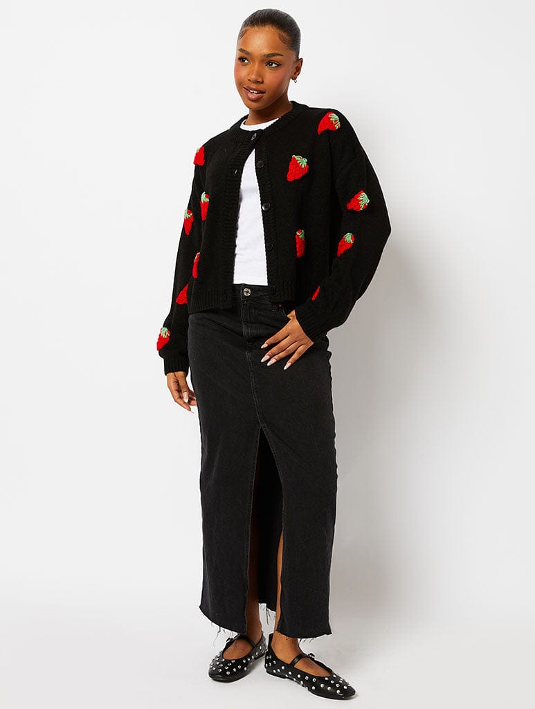 Strawberry Applique Black Knitted Cardigan