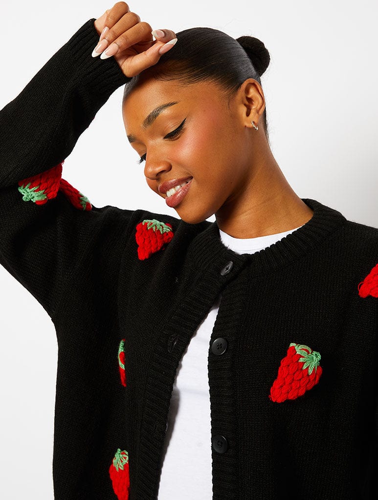 Strawberry Applique Black Knitted Cardigan