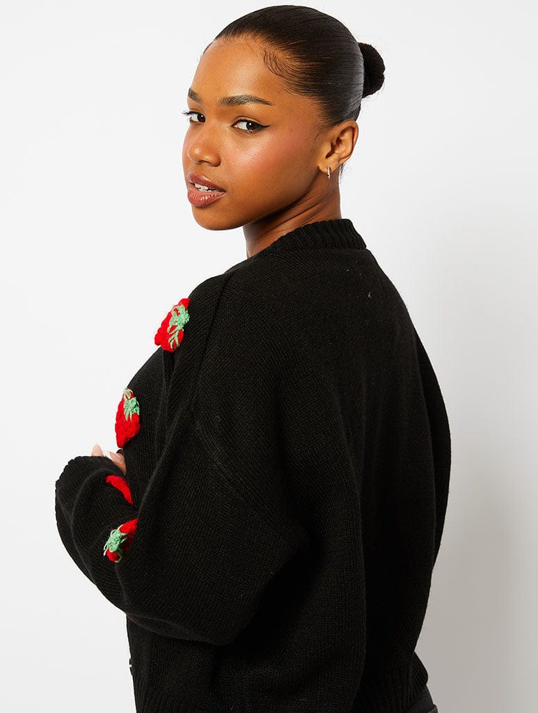Strawberry Applique Black Knitted Cardigan