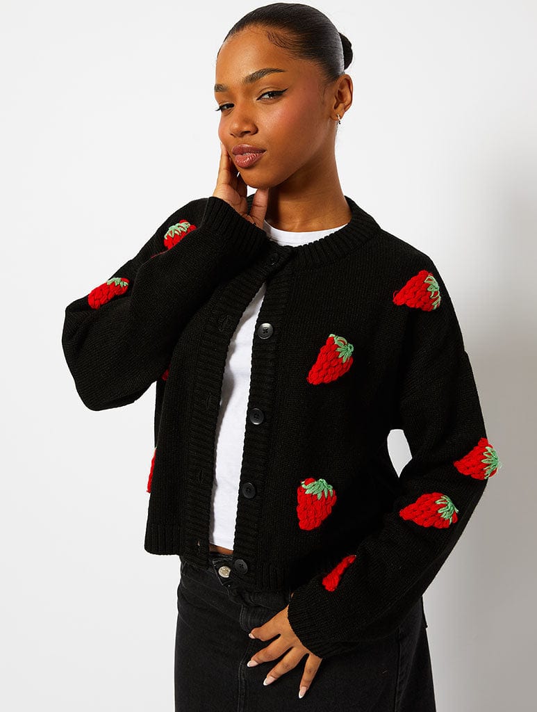 Strawberry Applique Black Knitted Cardigan