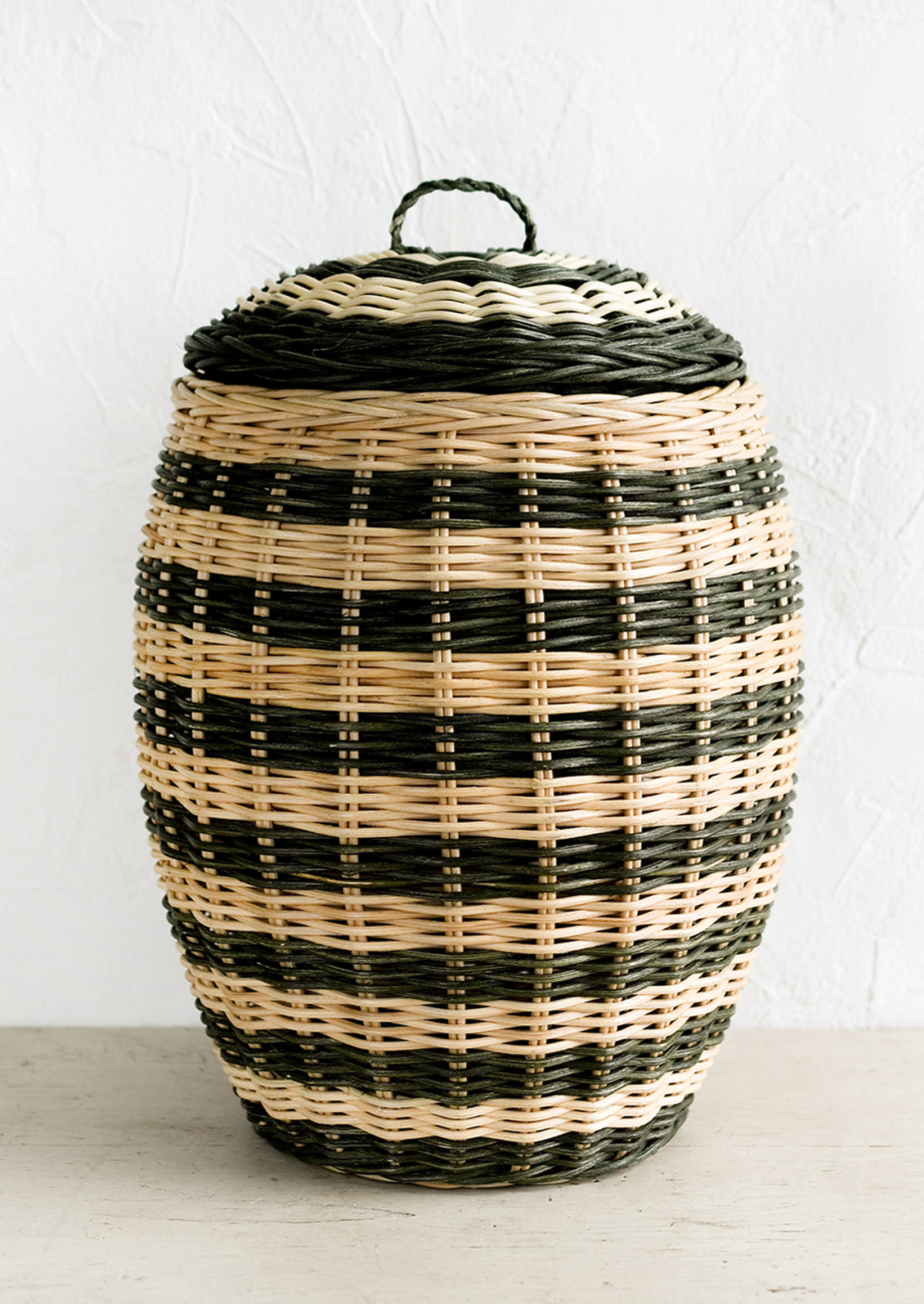 Striped Lidded Rattan Basket
