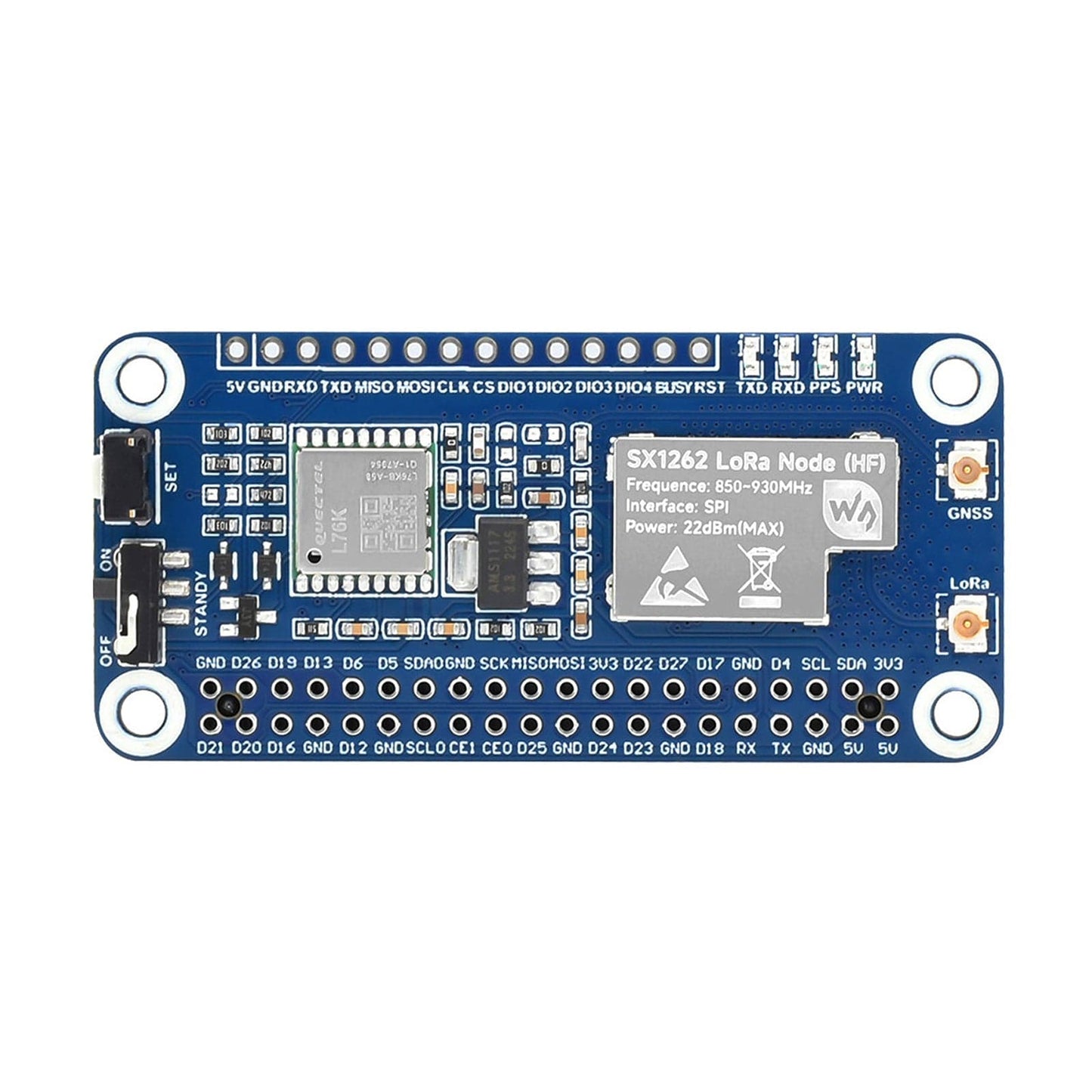 SX1262 LoRaWAN Node Module Expansion Board for Raspberry Pi (850~930MHz HF with GNSS)