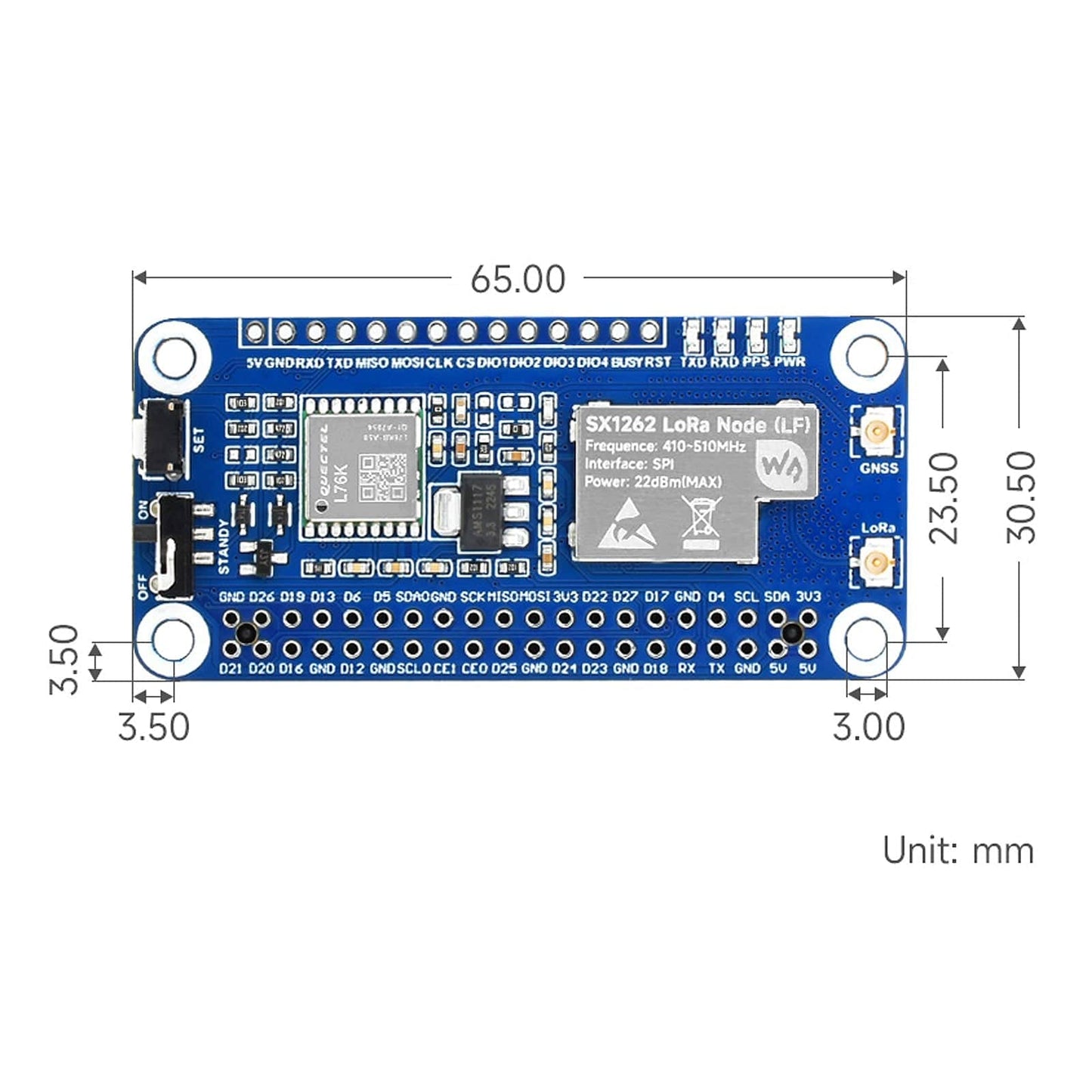 SX1262 LoRaWAN Node Module Expansion Board for Raspberry Pi (850~930MHz HF with GNSS)