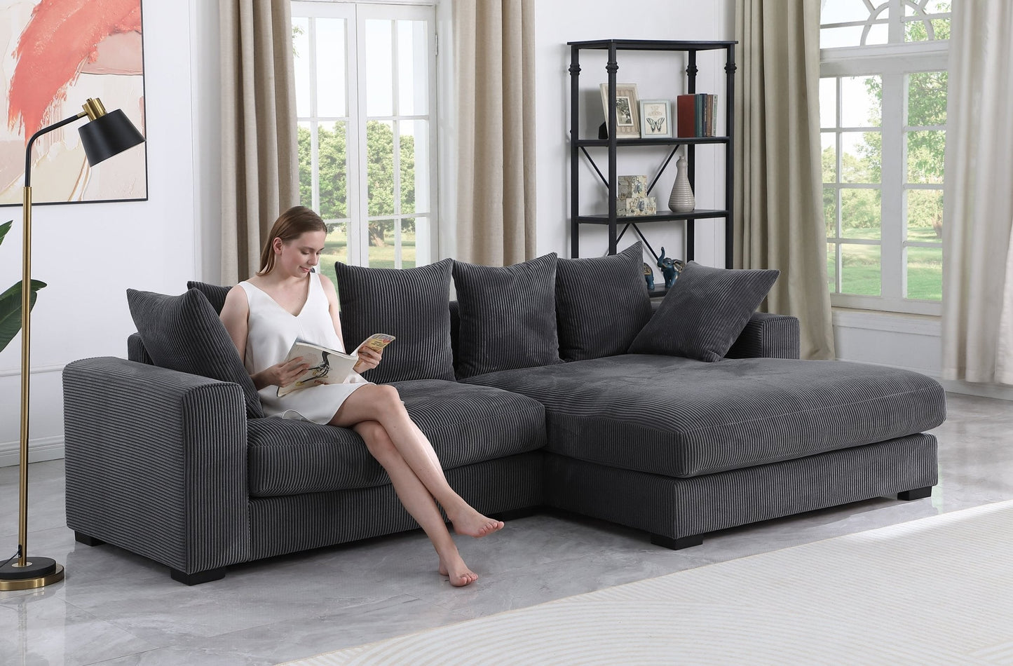 Symphony 3 Piece Corduroy Upholstered Sectional Set with 6 Pillows