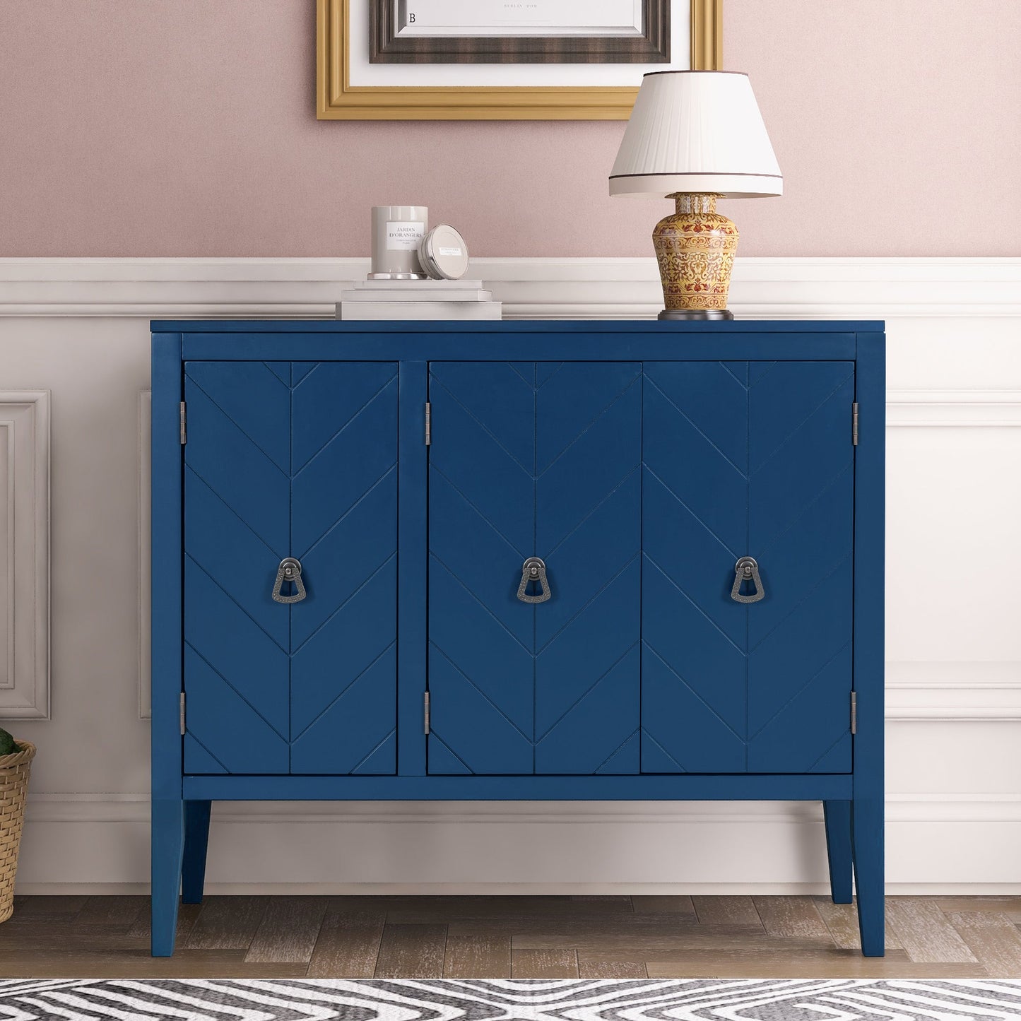 Tatum Navy Blue 3 Door Wood Storage Cabinet with Adjustable Shelf