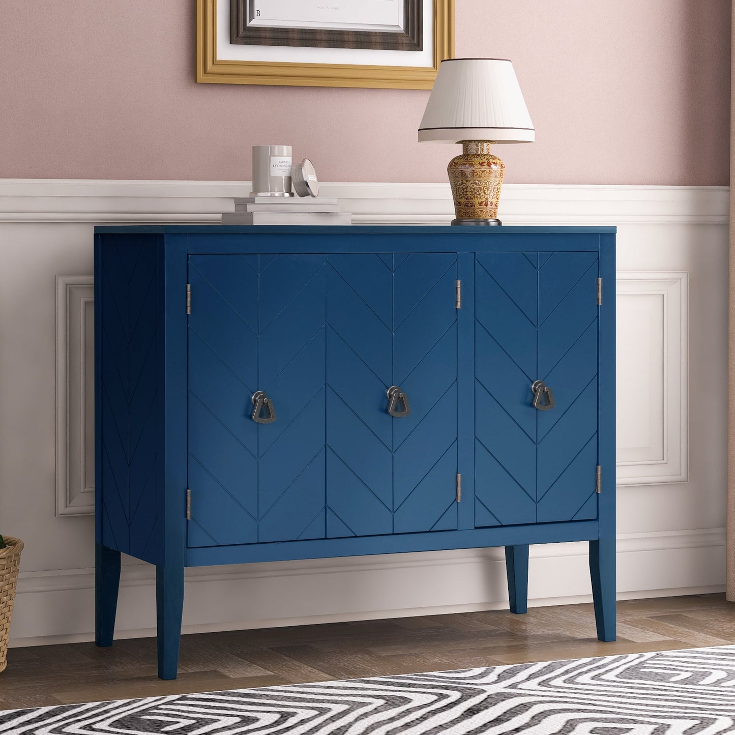 Tatum Navy Blue 3 Door Wood Storage Cabinet with Adjustable Shelf