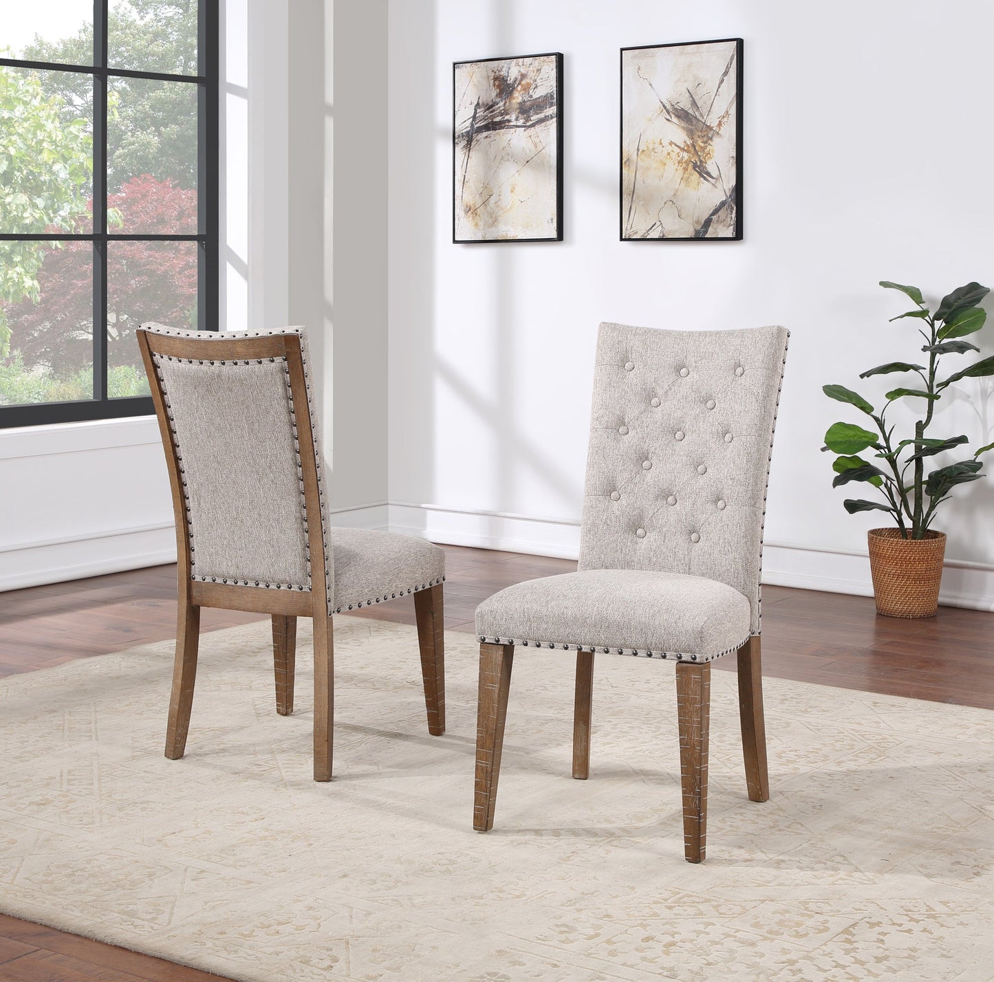 Button Tufted Upholstered Side Chair with Nailhead Trim and Solid Back, Set of 2