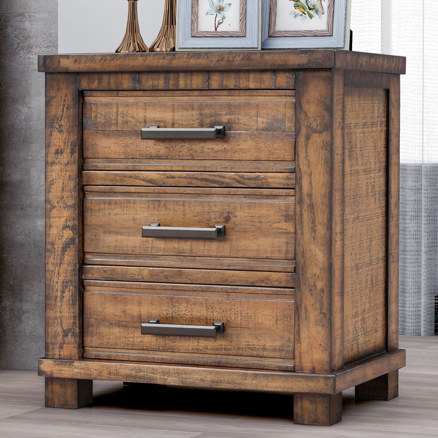 Three Drawer Reclaimed Solid Wood Farmhouse Nightstand