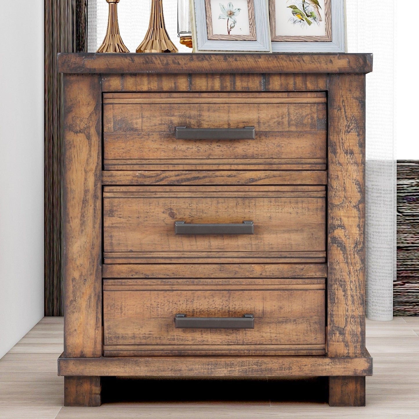 Three Drawer Reclaimed Solid Wood Farmhouse Nightstand