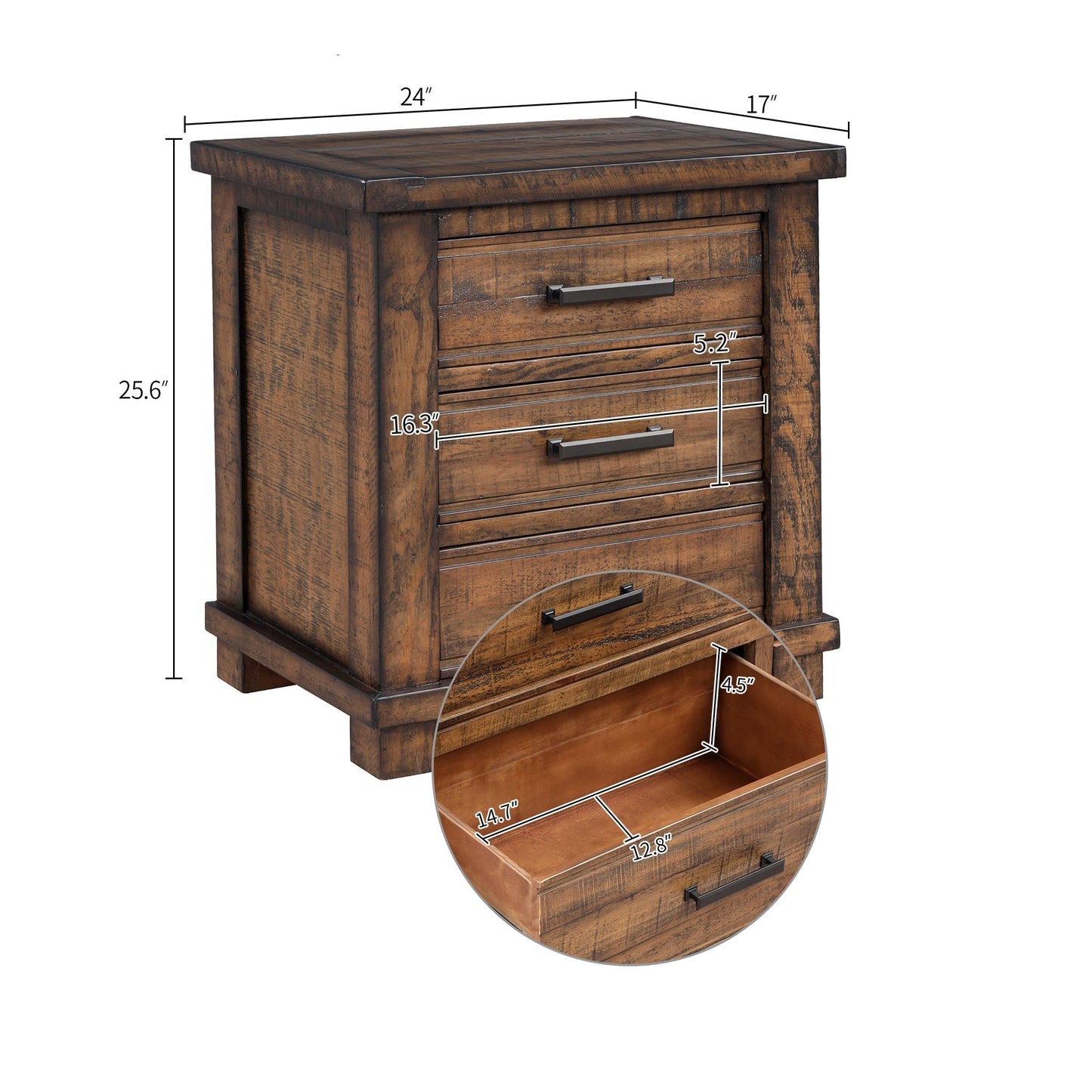 Three Drawer Reclaimed Solid Wood Farmhouse Nightstand