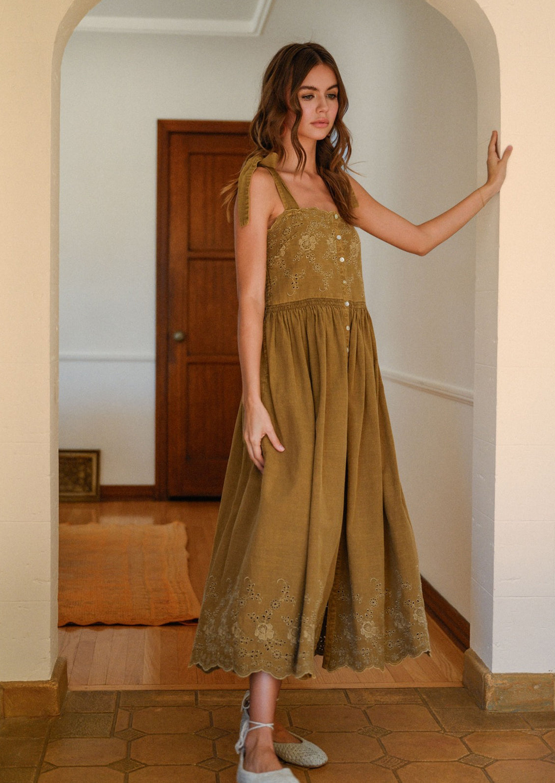 Floral Eyelet Tie Shoulder Dress